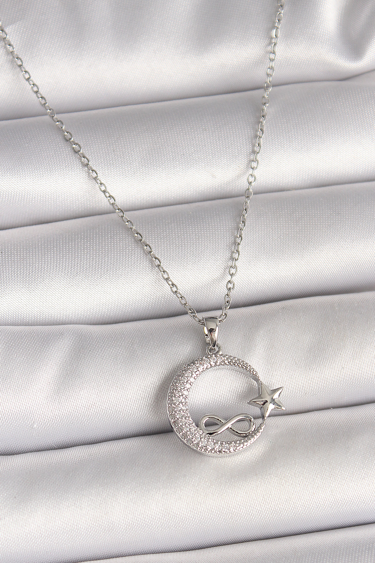 316L Çelik Gümüş Renk Zincir Zirkon Taşlı Ay Yıldız Model Sonsuzluk Detay Kadın Kolye - Lisinya