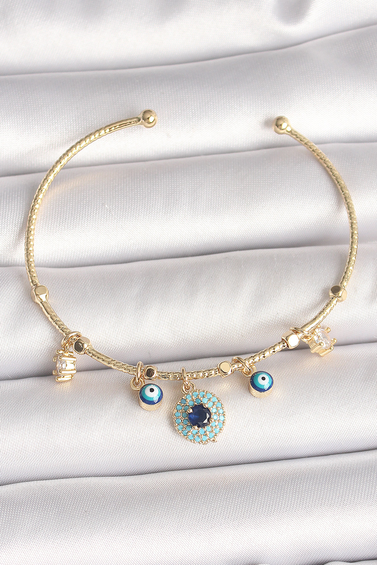 Pirinç Gold Renk Zirkon Taşlı Nazar Boncuk Detay Charm Kadın Bileklik - Lisinya Pirinç Gold Renk Zirkon Taşlı Nazar Boncuk Detay Charm Kadın Bileklik - Lisinya