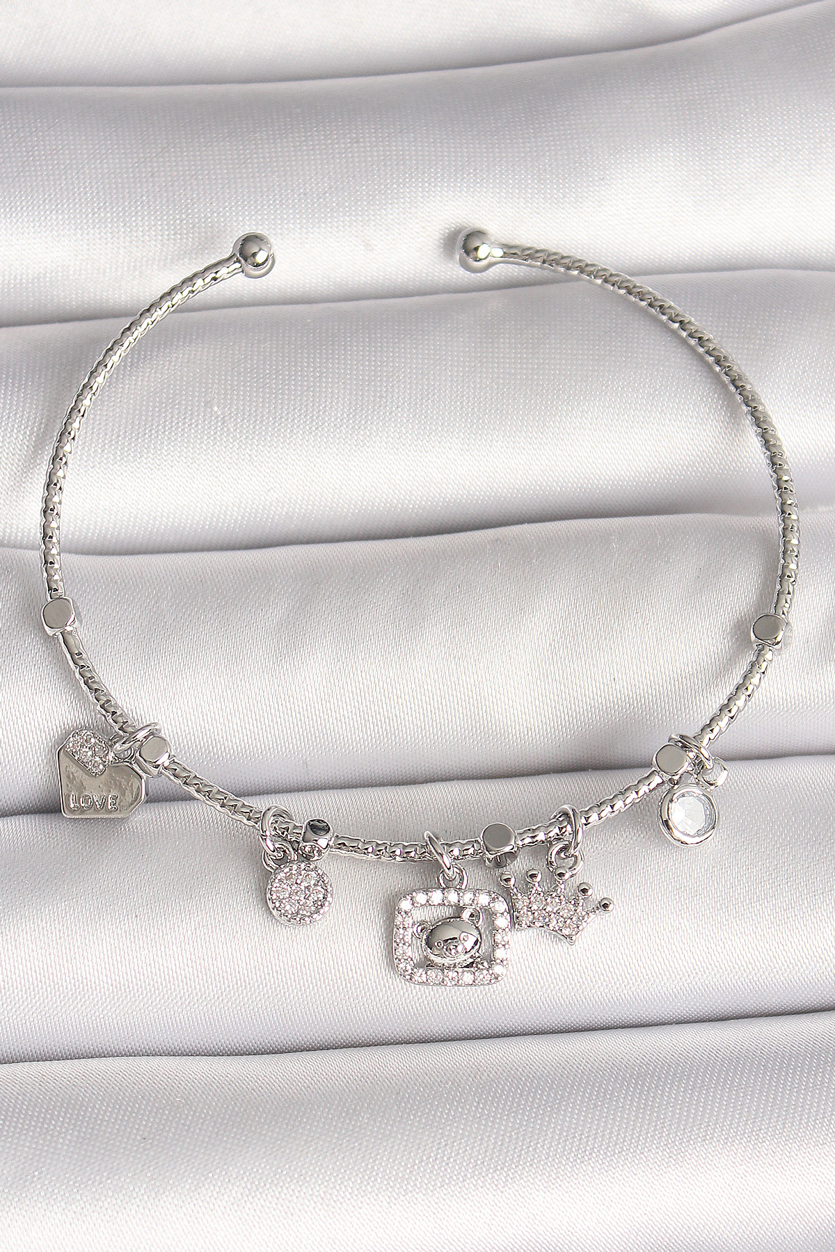 Pirinç Gümüş Renk Sallantı Zirkon Taşlı Ayıcık Figür Taç Detay Charm Kadın Bileklik - Lisinya