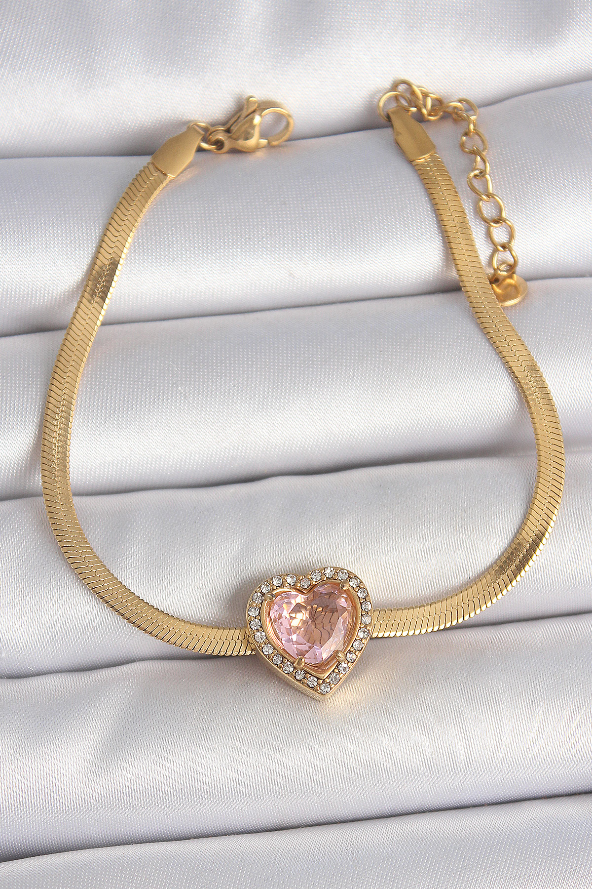 316L Çelik Gold Renk İtalyan Zincir Pembe Zirkon Taşlı Kalp Model Kadın Bileklik - Lisinya