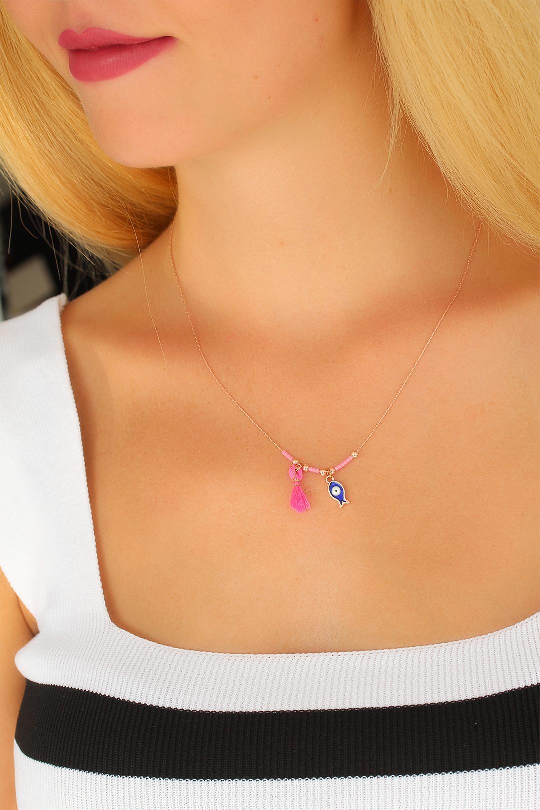 Nazar Boncuklu Pembe Renk Taşlı Rose Bayan Kolye - Lisinya