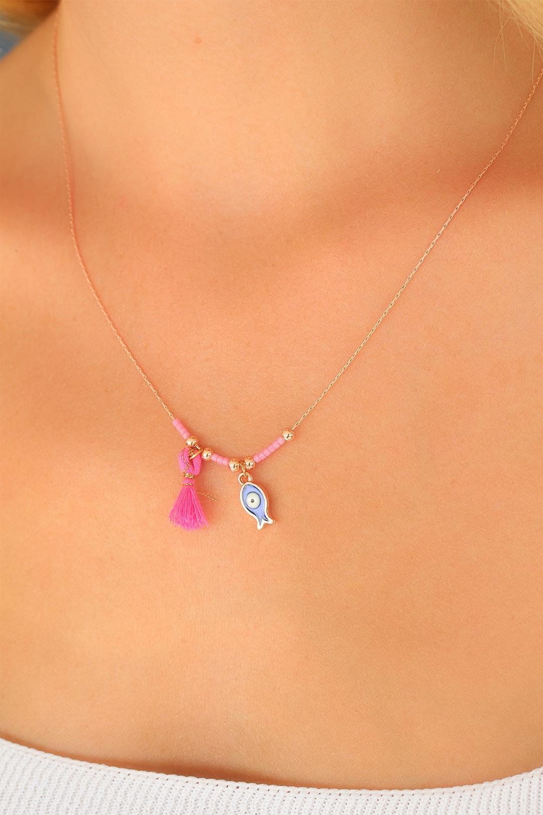 Nazar Boncuklu Pembe Renk Taşlı Rose Bayan Kolye - Lisinya