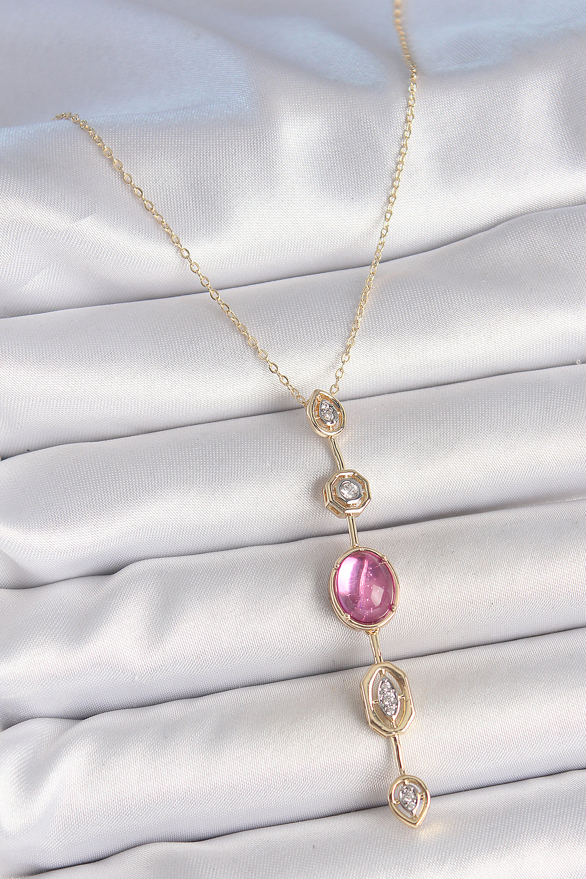 Pirinç Zincir Gold Renk Pembe Zirkon Taşlı Y Kolye - Lisinya