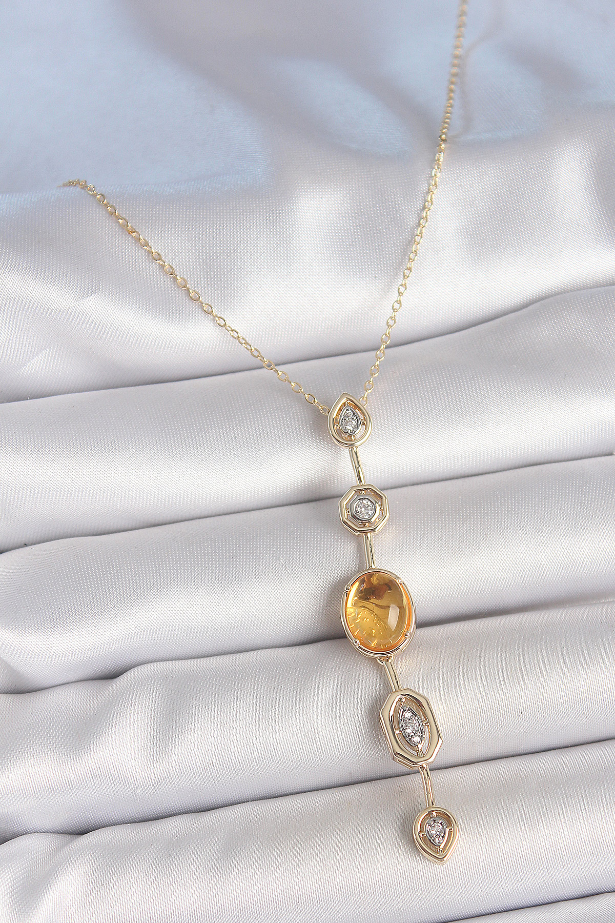Pirinç Zincir Kehribar Sarı Gold Renk  Zirkon Taşlı Y Kolye - Lisinya
