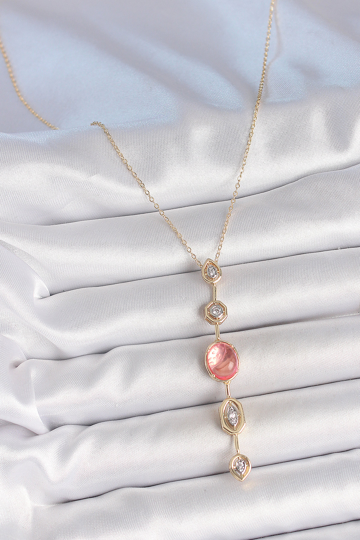 Pirinç Zincir Pembe Gold Renk Zirkon Taşlı Y Kolye - Lisinya