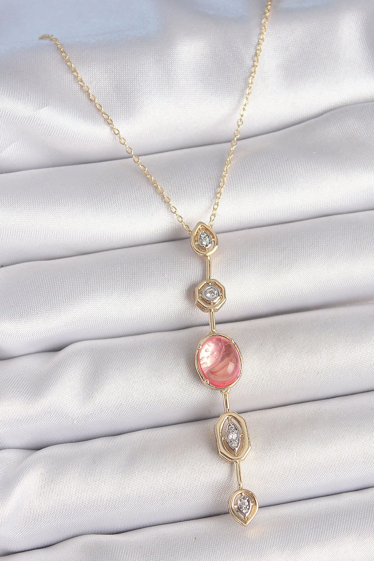 Pirinç Zincir Pembe Gold Renk Zirkon Taşlı Y Kolye - Lisinya