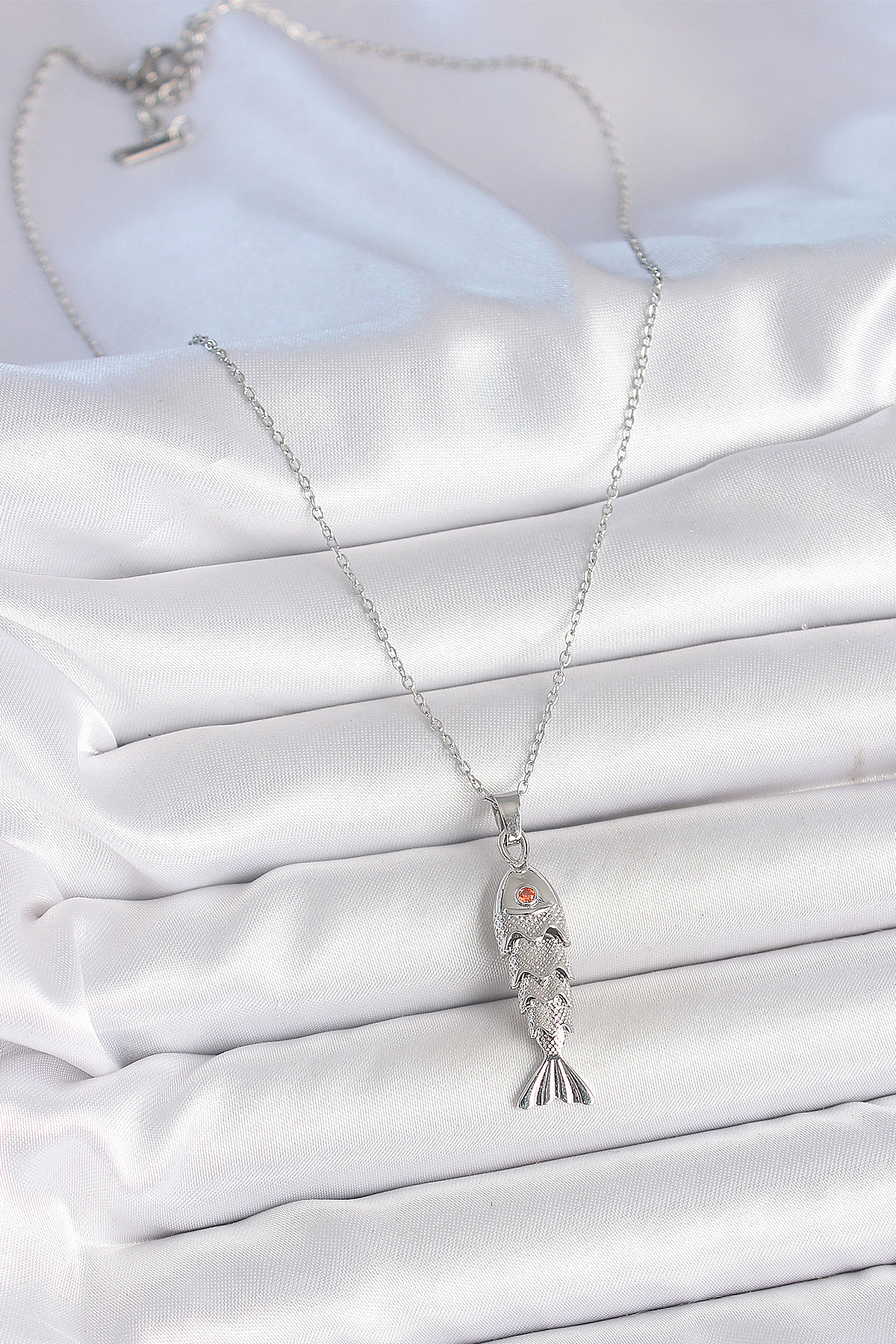 316L Çelik Zincir Gümüş Renk Zirkon Taşlı Balık Figürlü Kolye - Lisinya