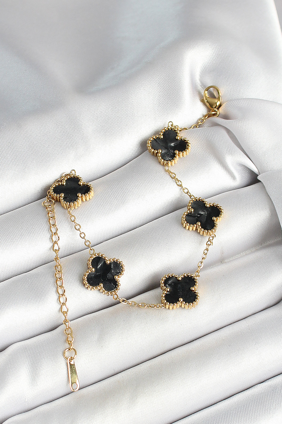 316L Çelik Sedefli Siyah Gold Renk Yonca Kadın Bileklik - Lisinya