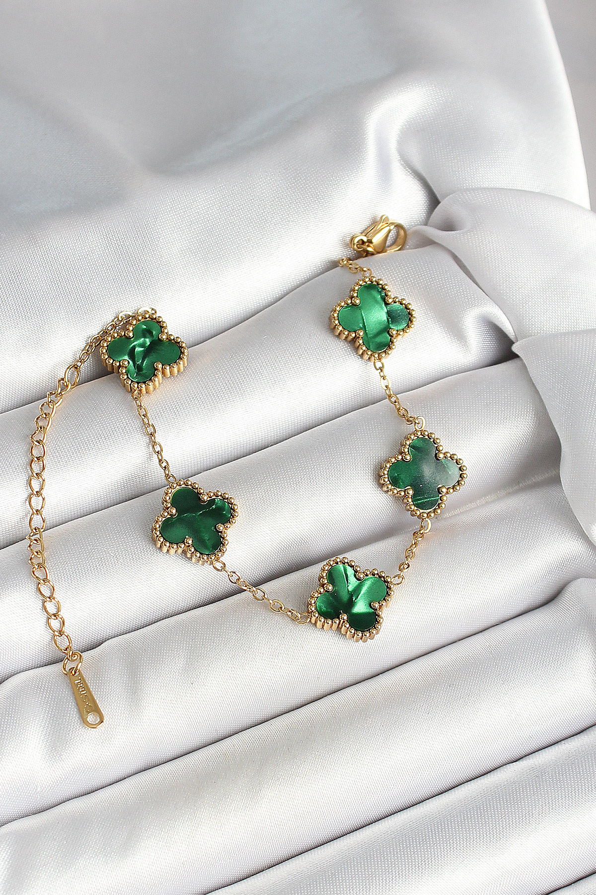 316L Çelik Sedefli Zümrüt Yeşil Gold Renk Yonca Kadın Bileklik - Lisinya