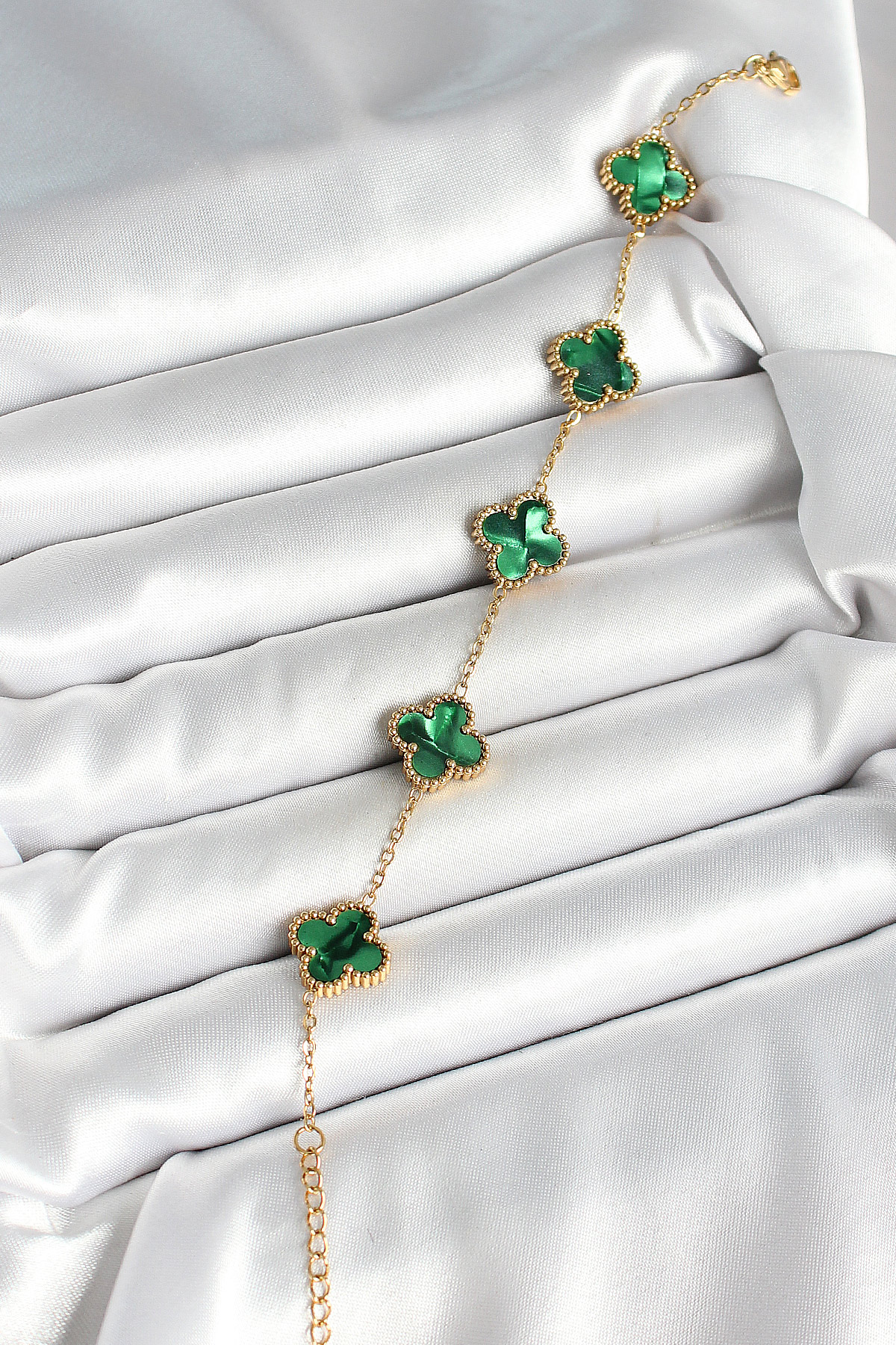 316L Çelik Sedefli Zümrüt Yeşil Gold Renk Yonca Kadın Bileklik - Lisinya