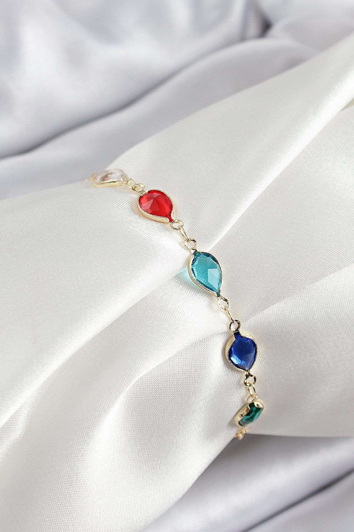 Pirinç Gold Renk Karışık Renk Damla Zirkon Taşlı Kadın Bileklik - Lisinya