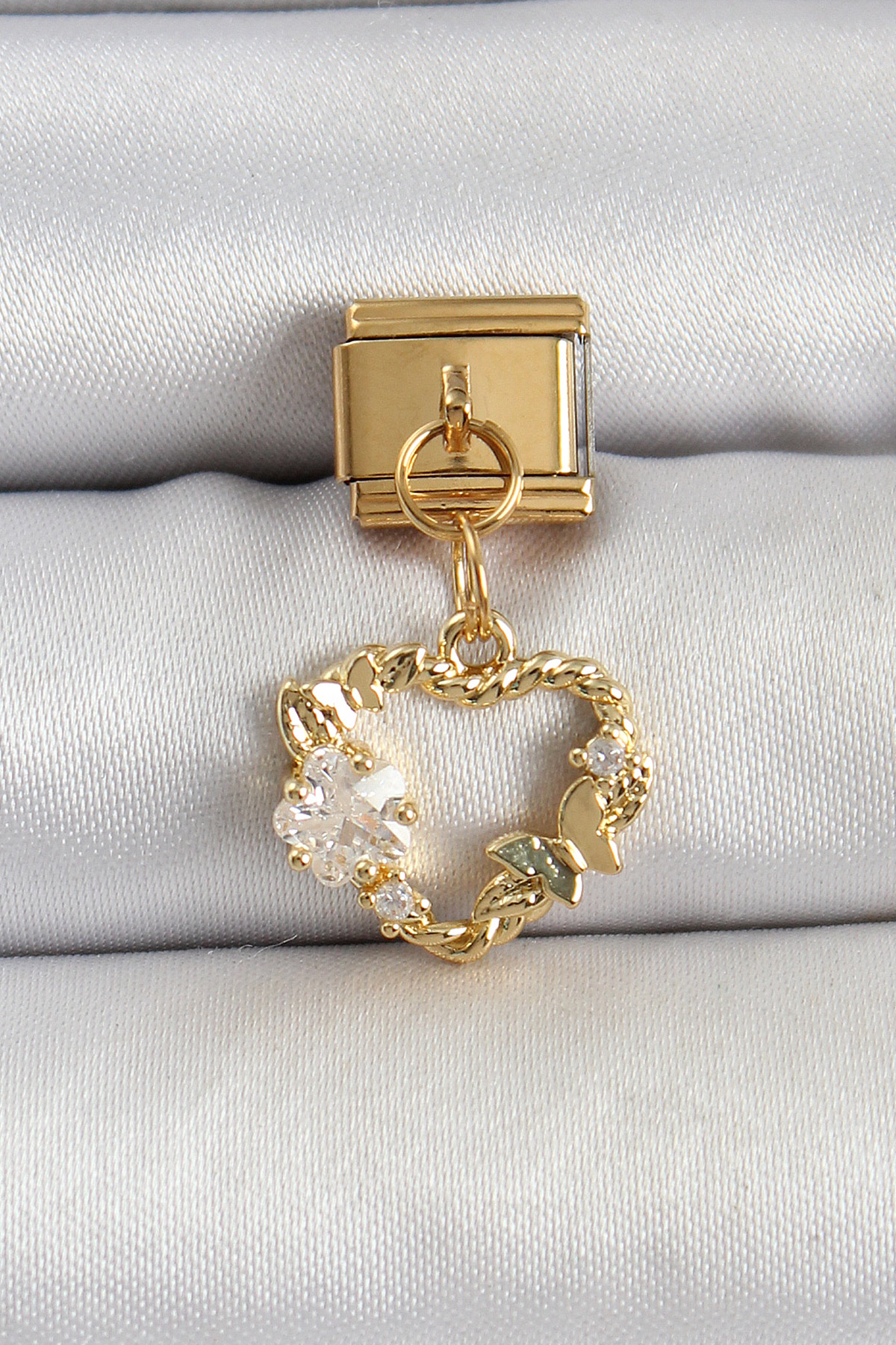 316L Çelik Sallantılı Zirkon Taşlı Kalp Model Gold Renk Nomination Charm - Lisinya