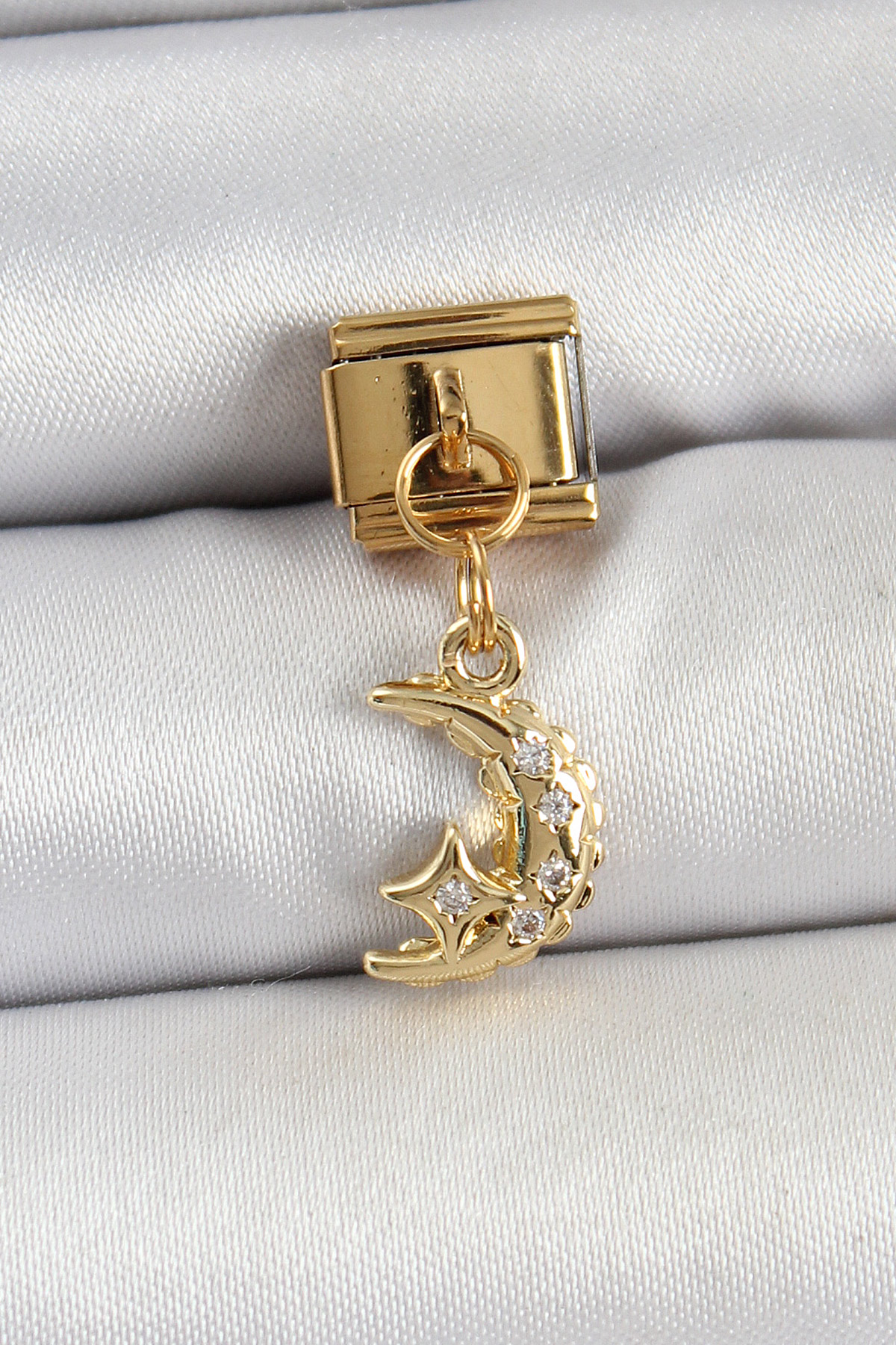 316L Çelik Sallantılı Zirkon Taşlı Ay Model Gold Renk Nomination Charm - Lisinya