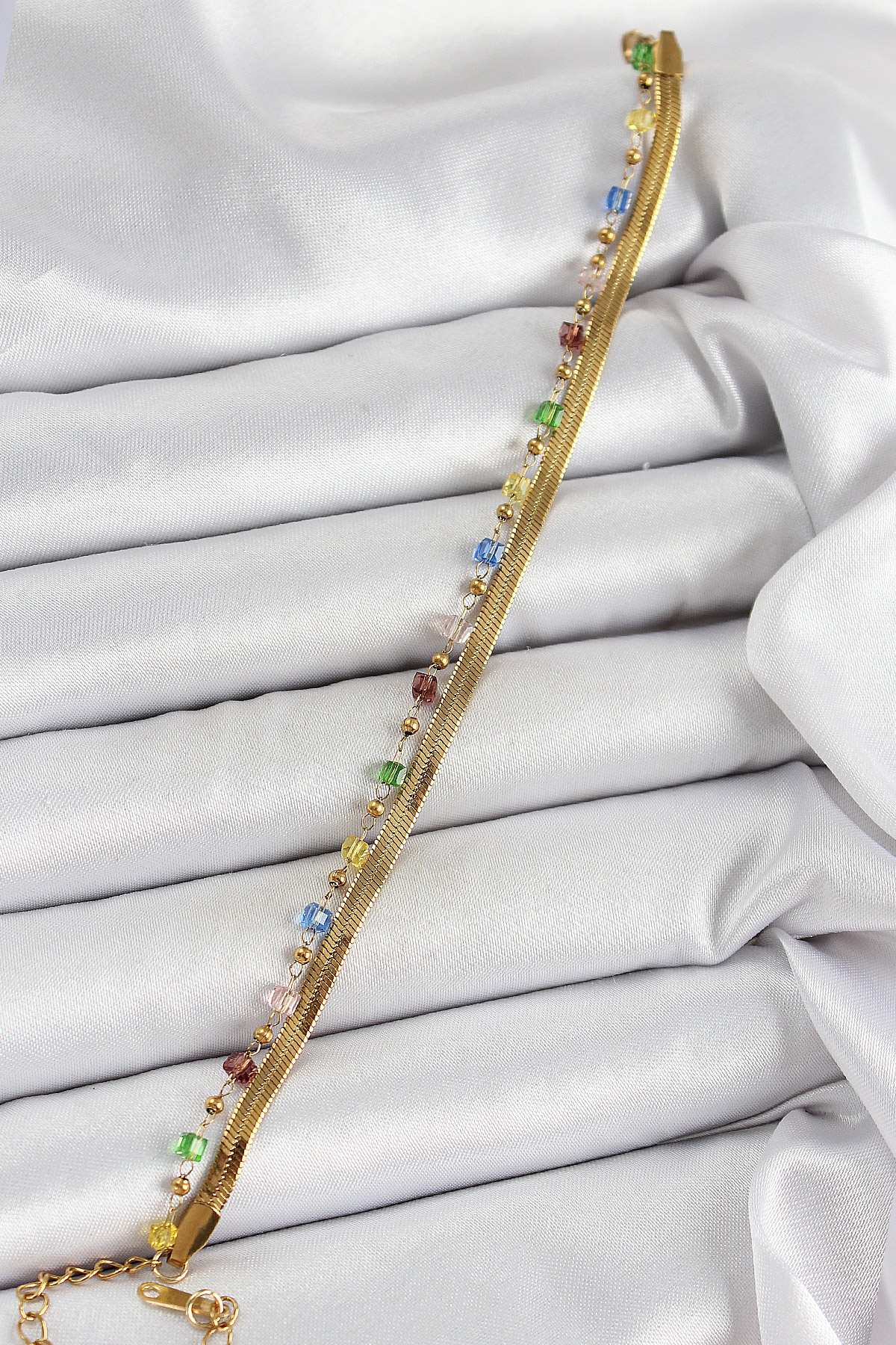 316L Çelik Gold Renk Karışık Renkli Kristal Taşlı Kadın Bileklik - Lisinya