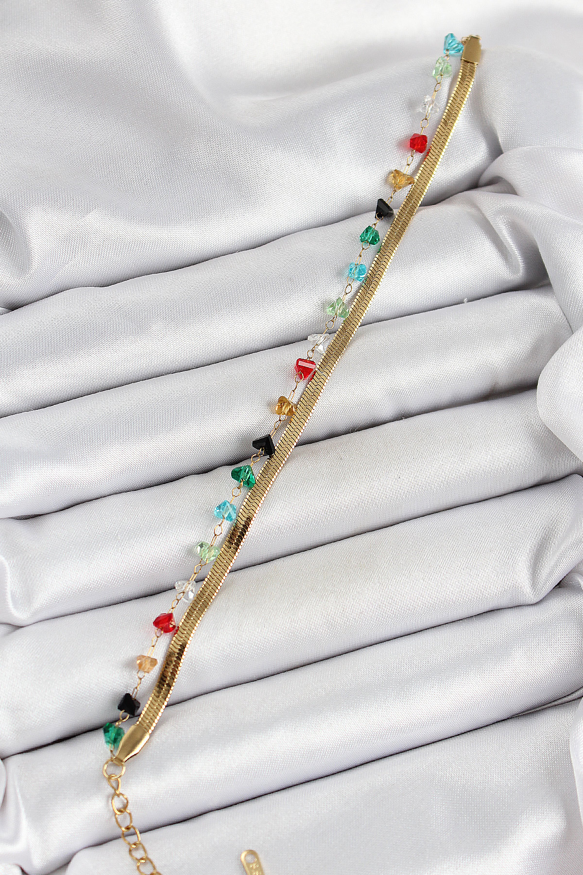 316L Çelik Gold Renk Kristal Karışık Renkli Taşlı 2'li Kadın Bileklik - Lisinya