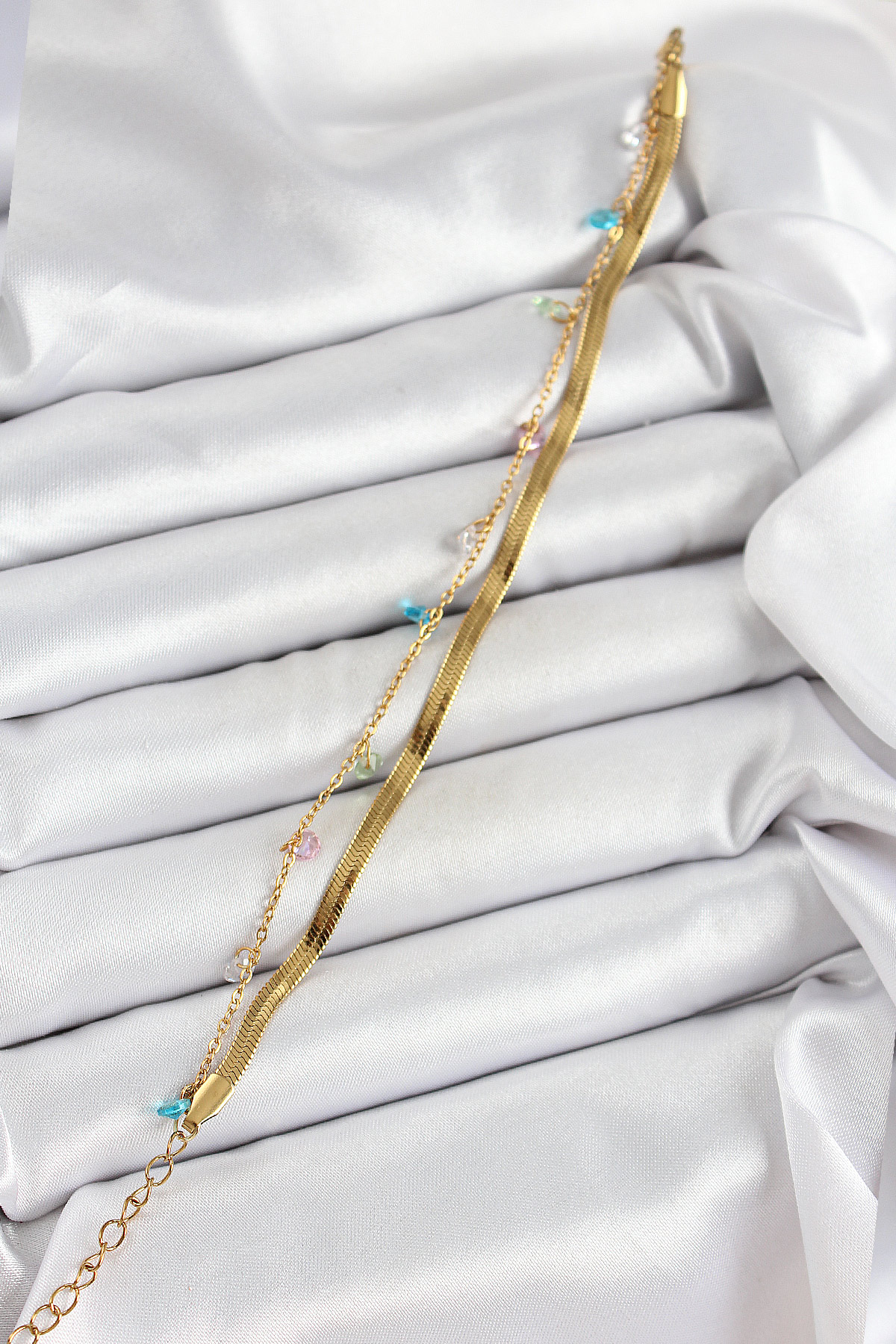 316L Çelik Gold Renk Karışık Renkli Kristal Taşlı 2'li Kadın Bileklik - Lisinya