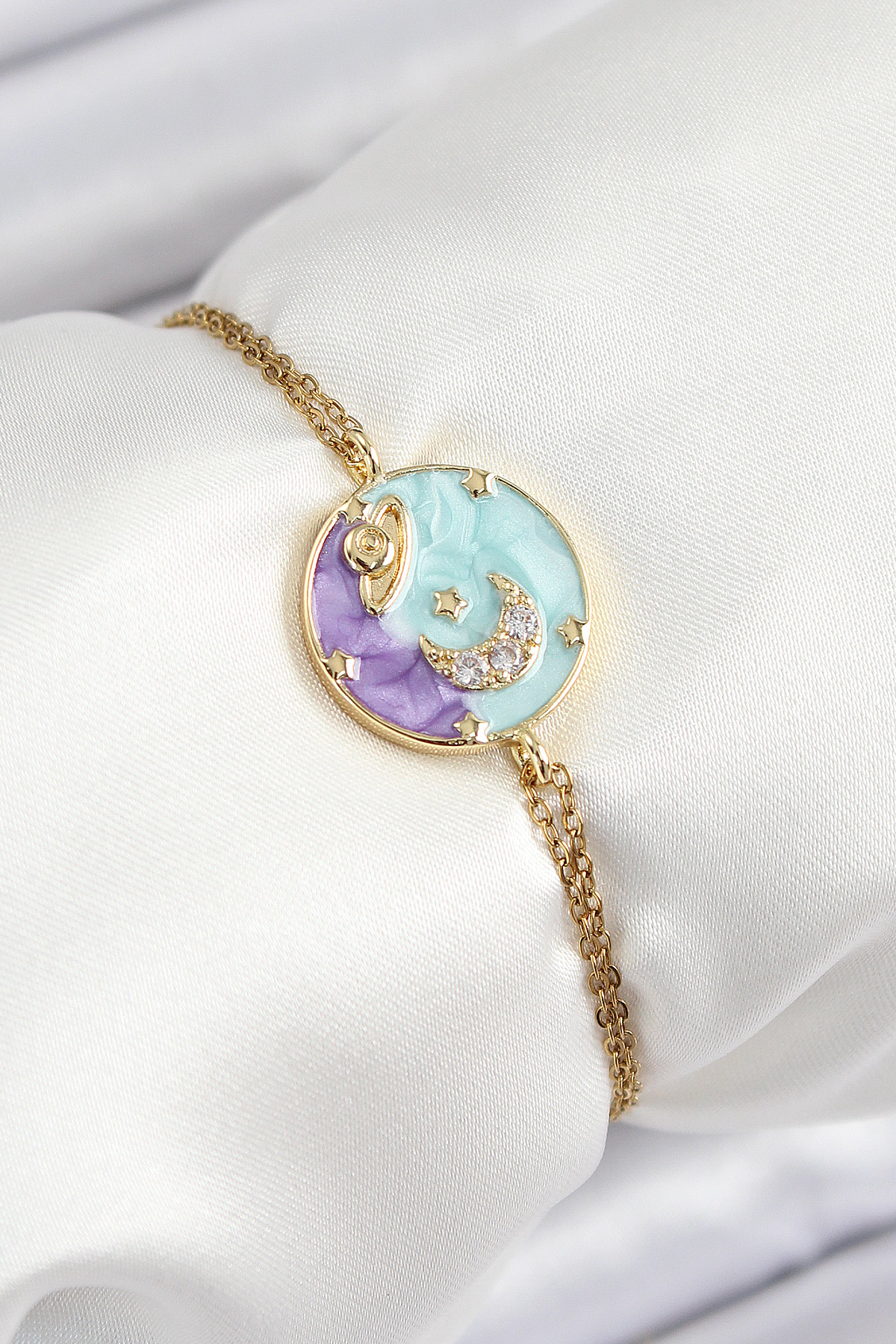 316L Çelik Zincir Mineli Sanatsal Portre Zirkon Taşlı Gezegen Model Gold Renk Kadın Bileklik - Lisinya