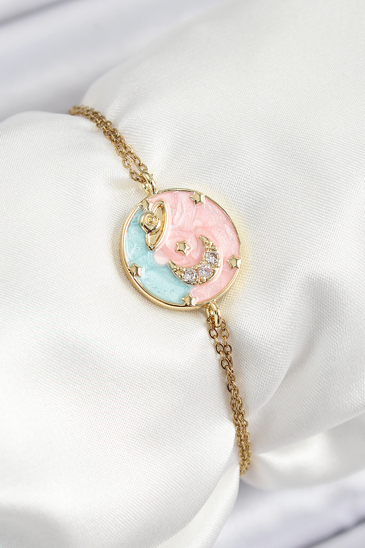 316L Çelik Zincir Mineli Sanatsal Portre Zirkon Taşlı Gezegen Model Gold Renk Kadın Bileklik - Lisinya