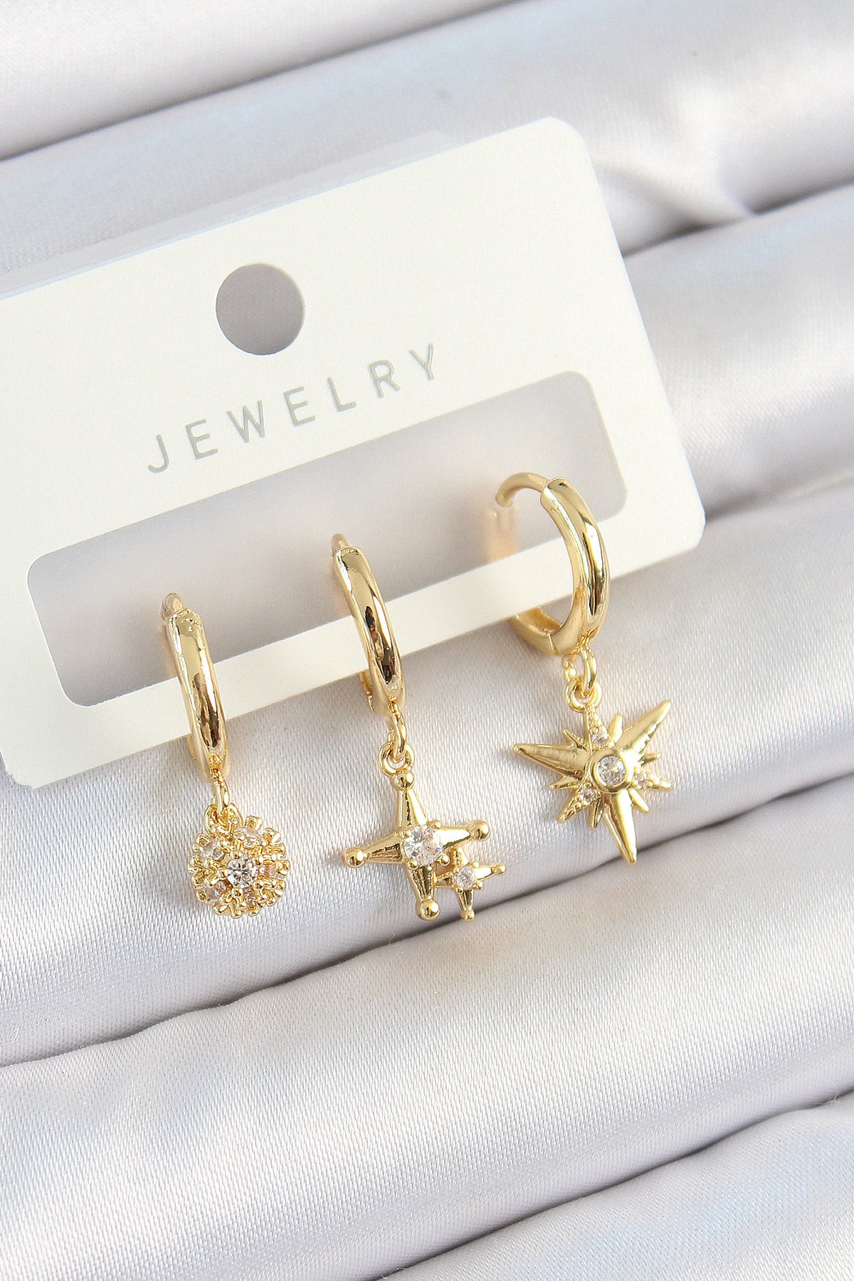 Pirinç Zirkon Taşlı Yıldız Model Gold Renk 3'lü Çift Kadın Küpe Set - Lisinya Pirinç Zirkon Taşlı Yıldız Model Gold Renk 3'lü Çift Kadın Küpe Set - Lisinya