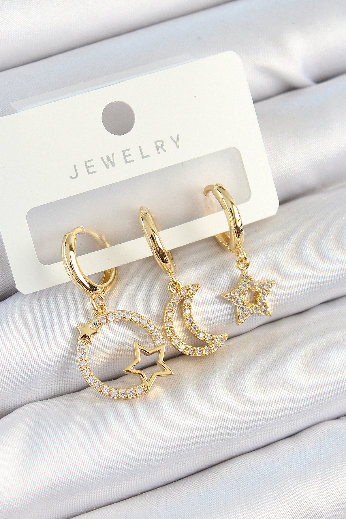 Pirinç Zirkon Taşlı Yıldız Ve Ay Model Gold Renk 3'lü Kadın Küpe Set - Lisinya