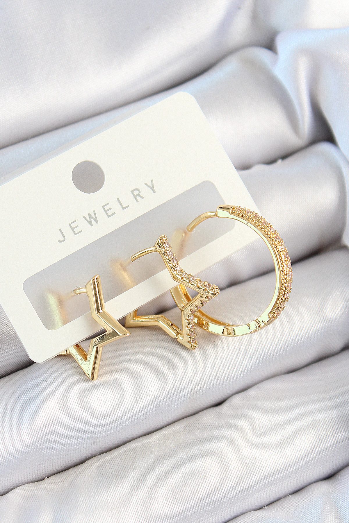 Pirinç Zirkon Taşlı Yıldız Ve Halka Model Gold Renk 3'lü Çift Kadın Küpe Set - Lisinya Pirinç Zirkon Taşlı Yıldız Ve Halka Model Gold Renk 3'lü Çift Kadın Küpe Set - Lisinya