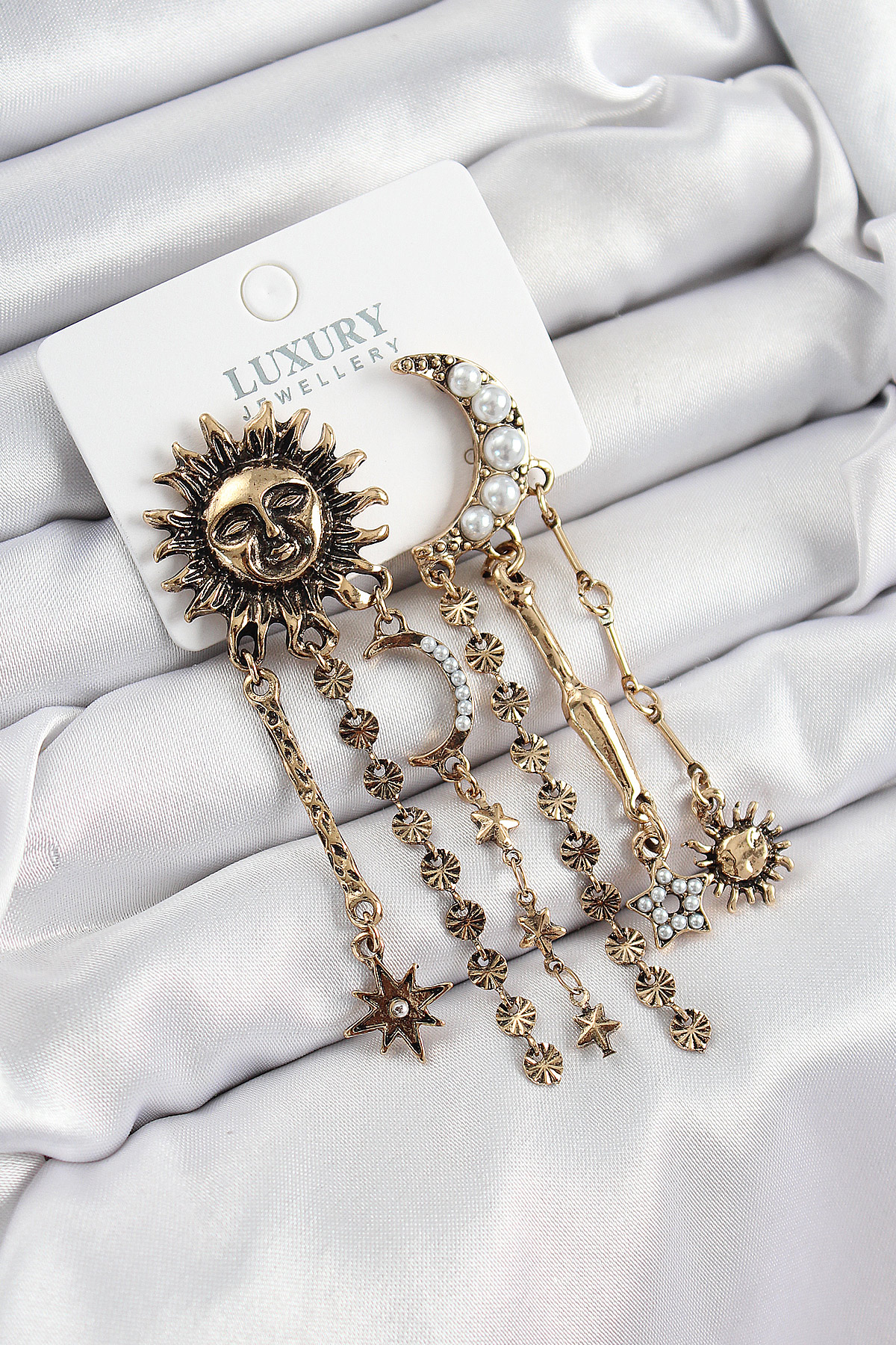 Pirinç Zirkon Taşlı Güneş Ve Ay Figürlü Eskitme Model Sallantılı Küpe - Lisinya