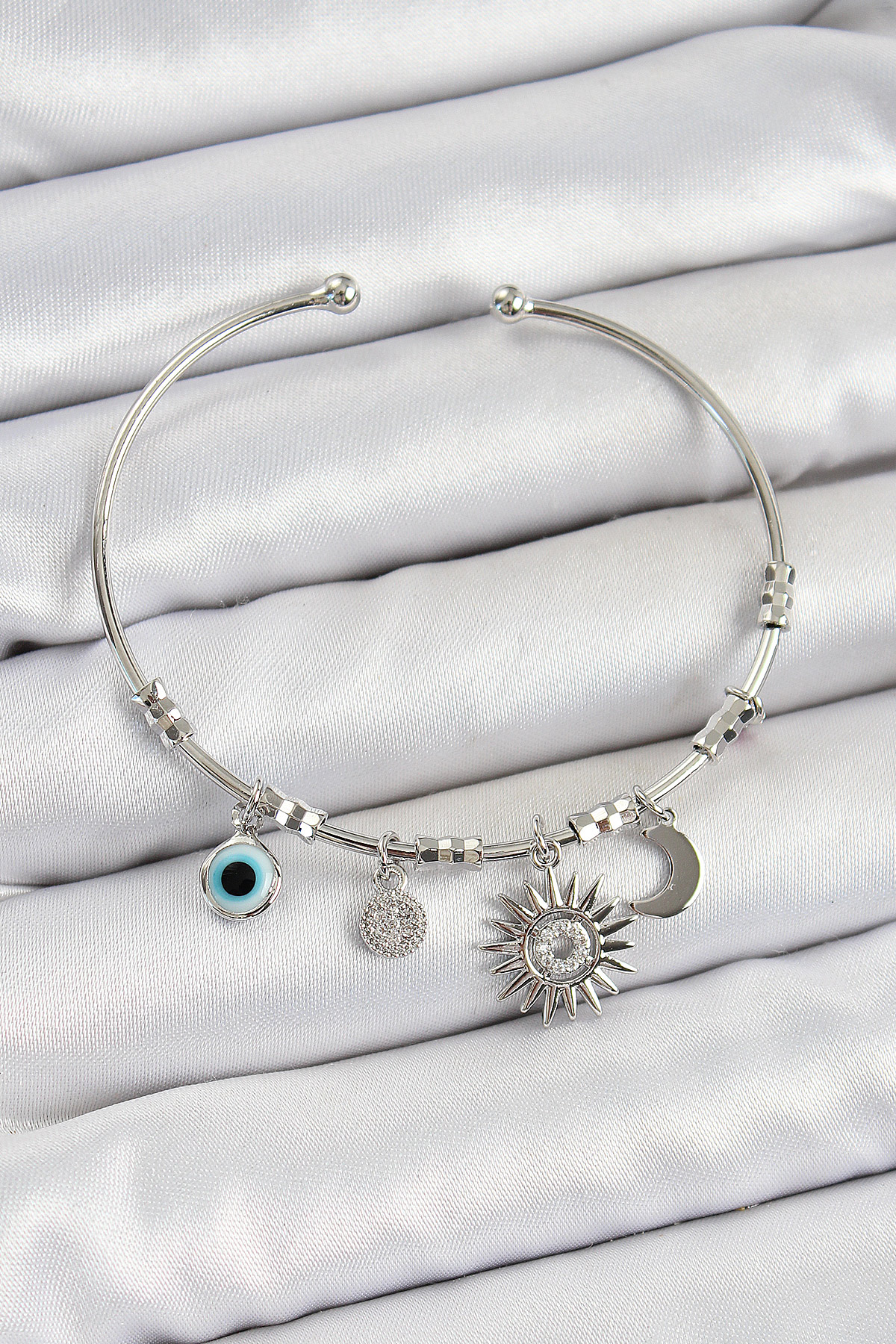 Pirinç Zirkon Taşlı Güneş Ay Ve Nazar Model Gümüş Renk Charm Bileklik - Lisinya