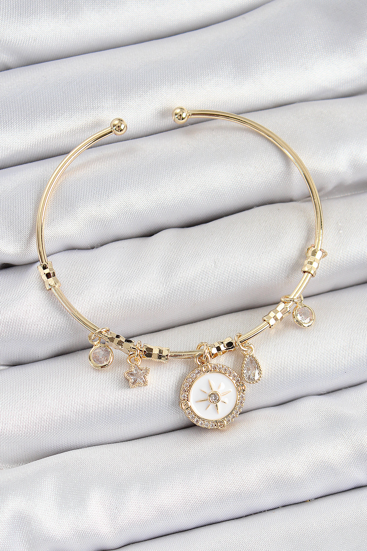 Pirinç Zirkon Taşlı Pusula Model Gold Renk Charm Bileklik - Lisinya