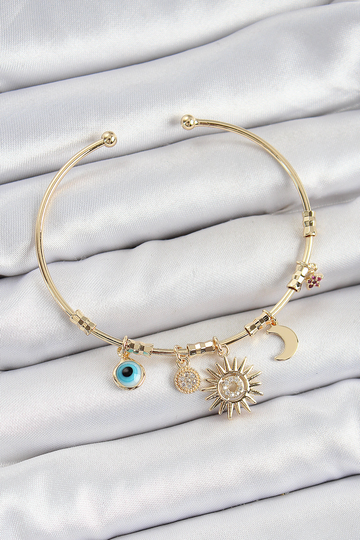 Pirinç Zirkon Taşlı Güneş Ay Nazar Model Gold Renk Charm Bileklik - Lisinya