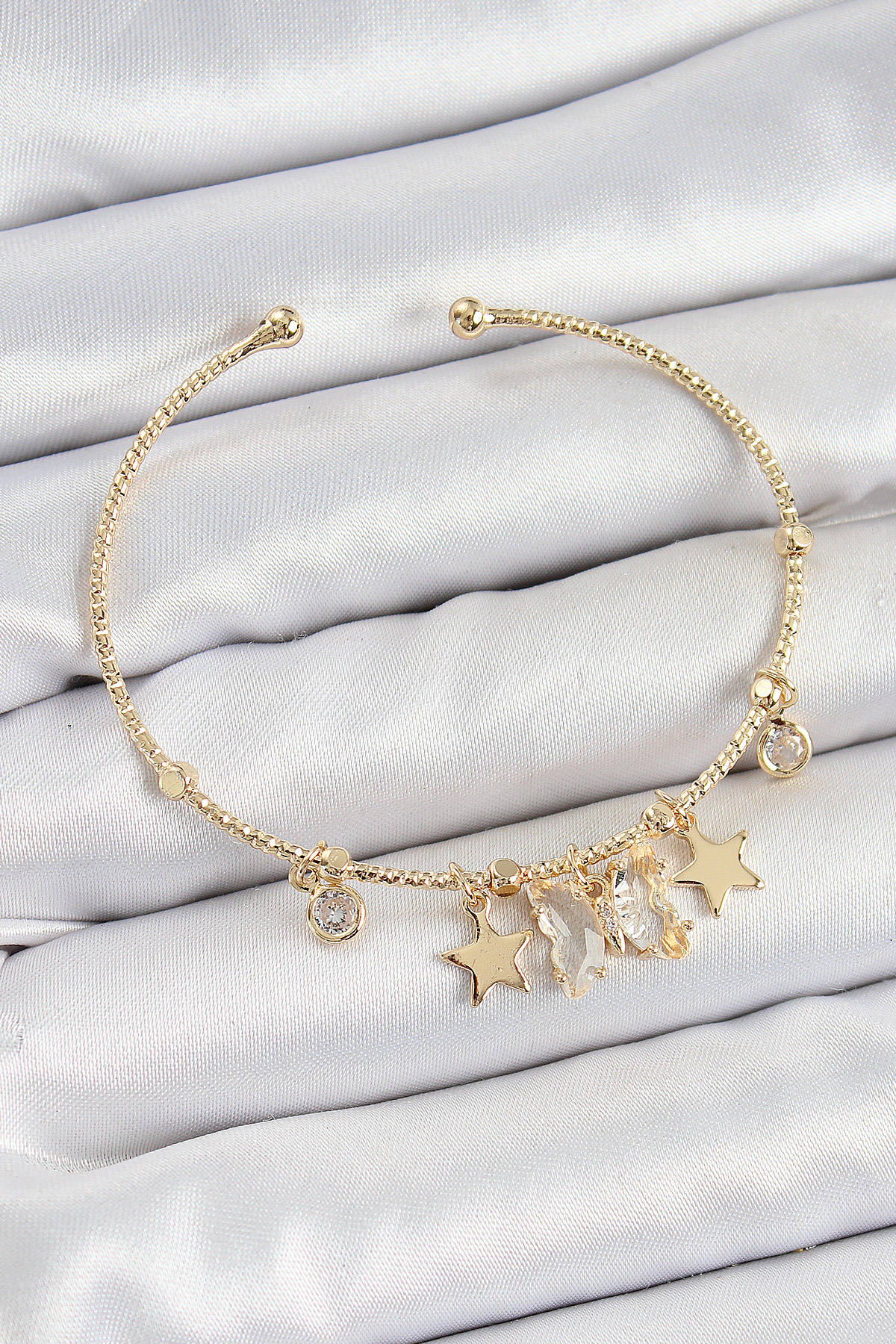 Pirinç Zirkon Taşlı Kelebek Ve Yıldız Model Gold Renk Charm Bileklik - Lisinya