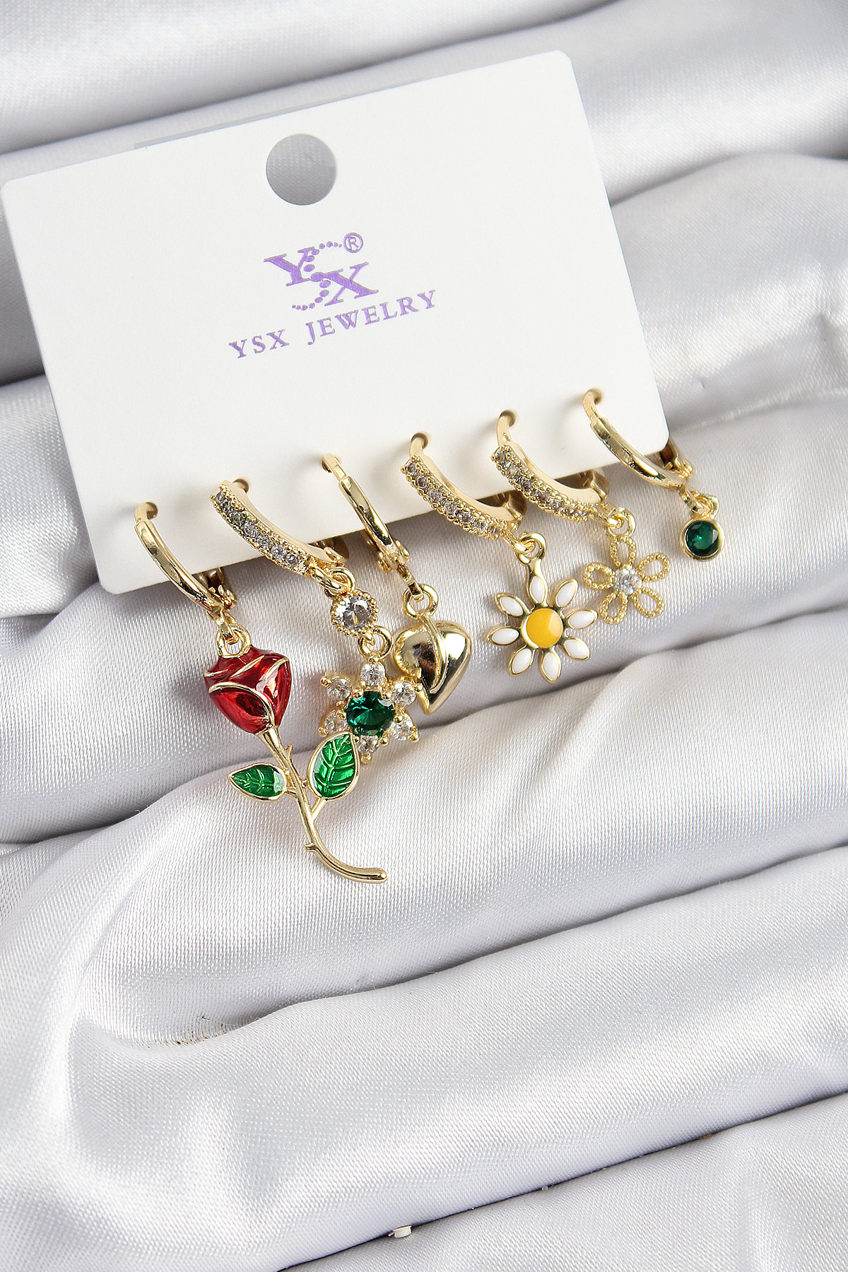 Pirinç Zİrkon Taşlı Gül Ve Papatya Model Gold Renk 3'lü Çift Kadın Küpe - Lisinya