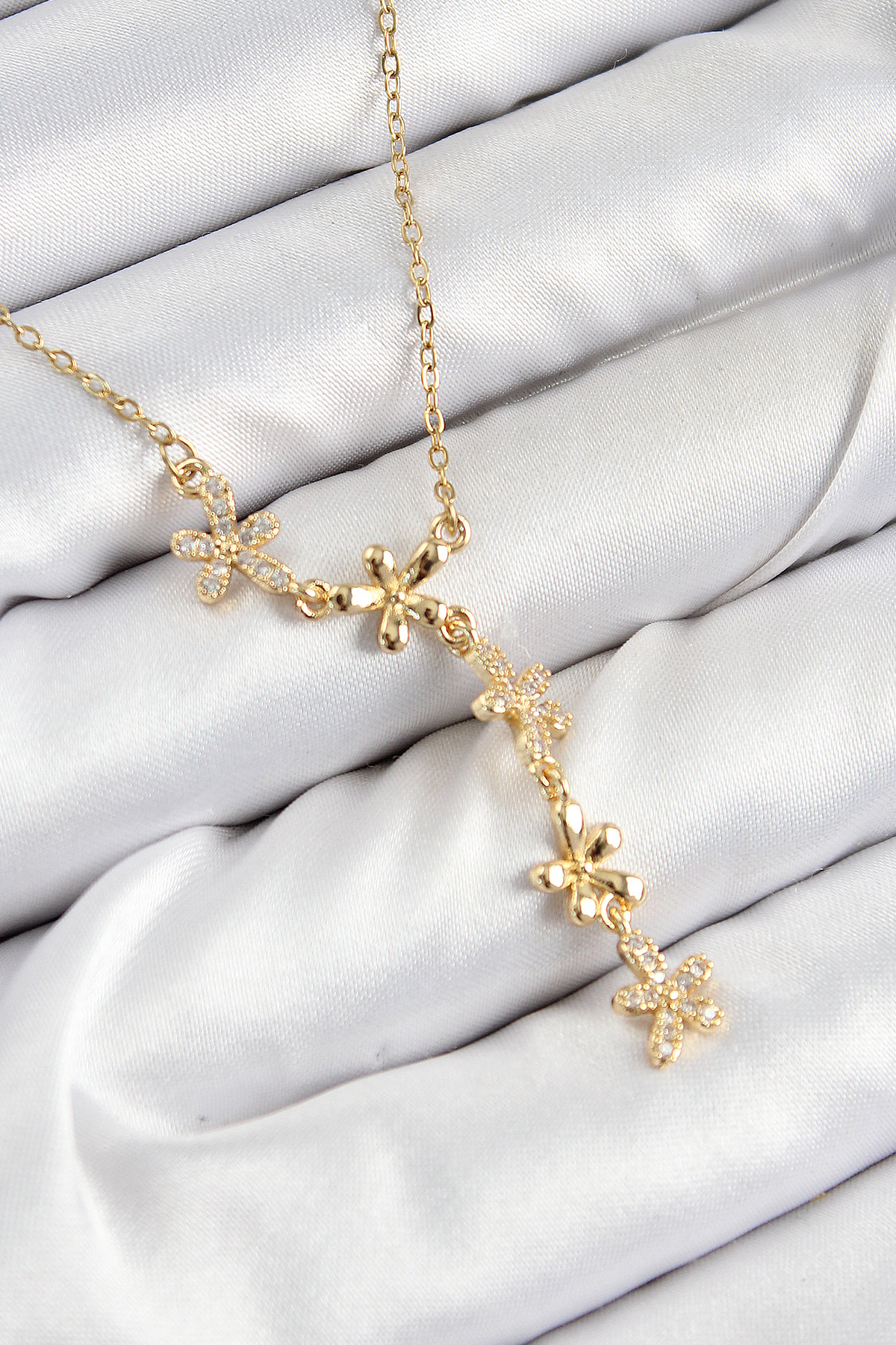 316L Çelik Zirkon Taşlı Çiçek Model Gold Renk Kadın Kolye - Lisinya