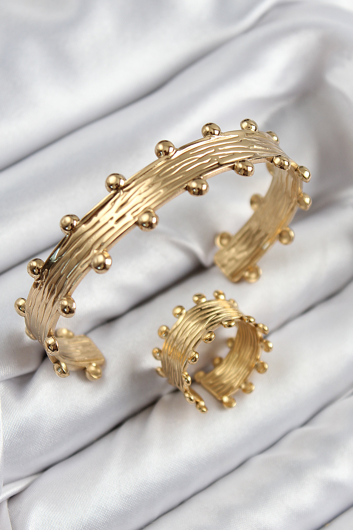 Pirinç Topcuk Model Gold Renk Bileklik Yüzük Set - Lisinya