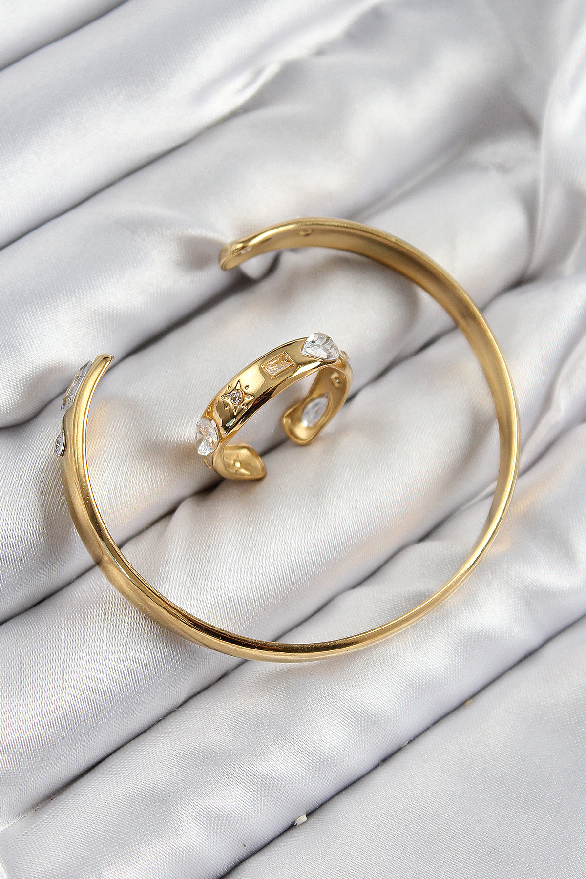 Pirinç Zirkon Taşlı Ayrık Model Gold Renk Bileklik Yüzük Set - Lisinya
