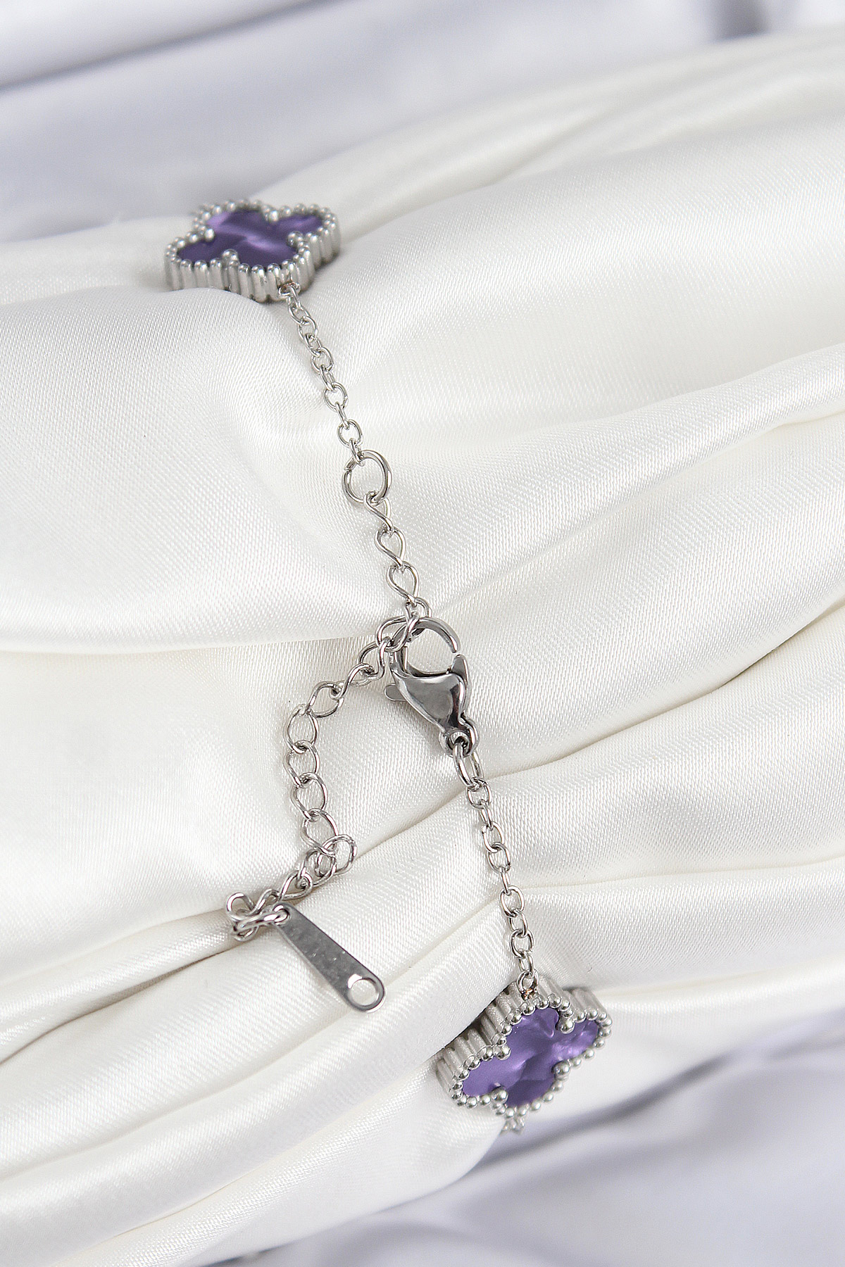 316L Çelik Sedefli Mor Gümüş Renk Yonca Kadın Bileklik - Lisinya