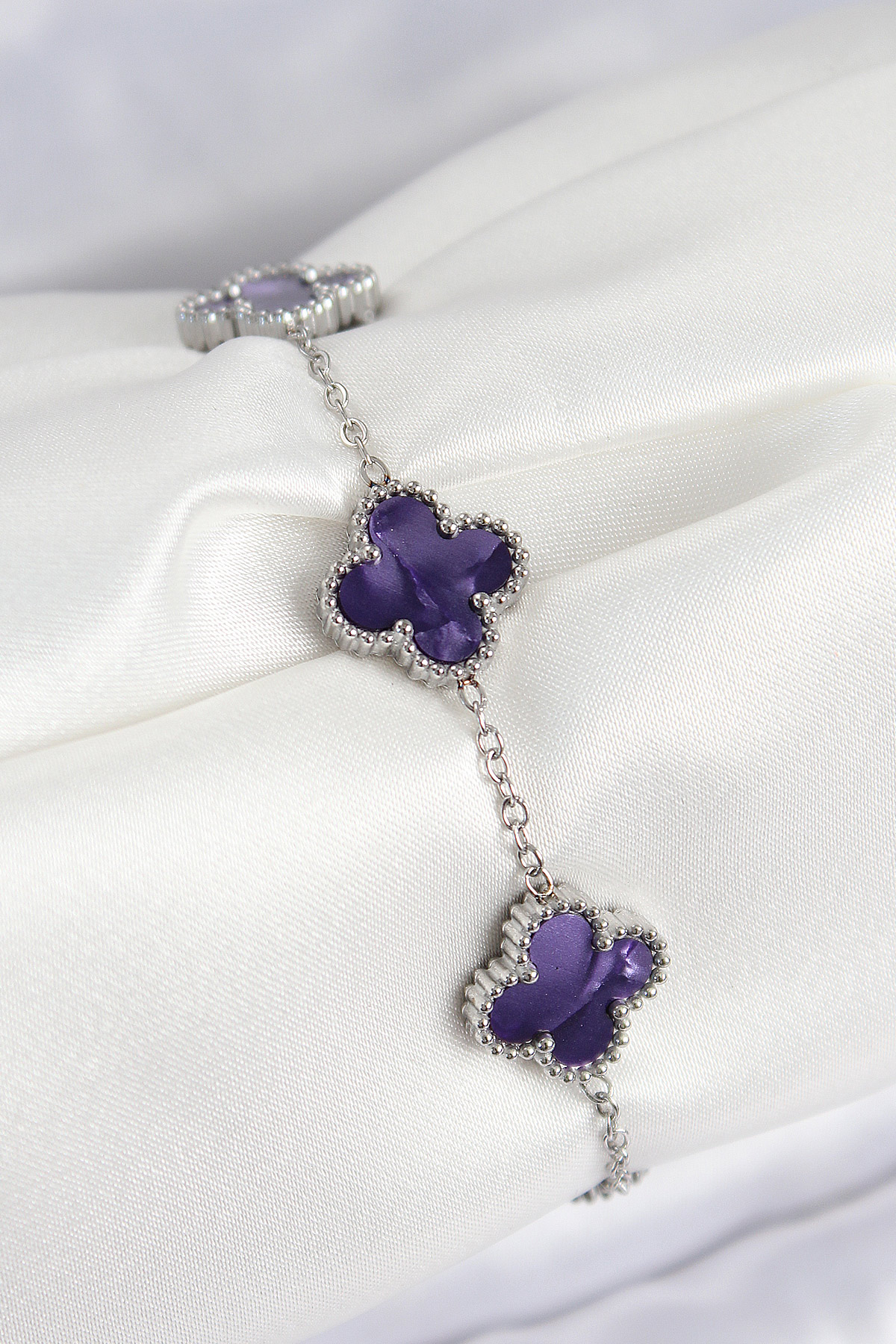 316L Çelik Sedefli Mor Gümüş Renk Yonca Kadın Bileklik - Lisinya