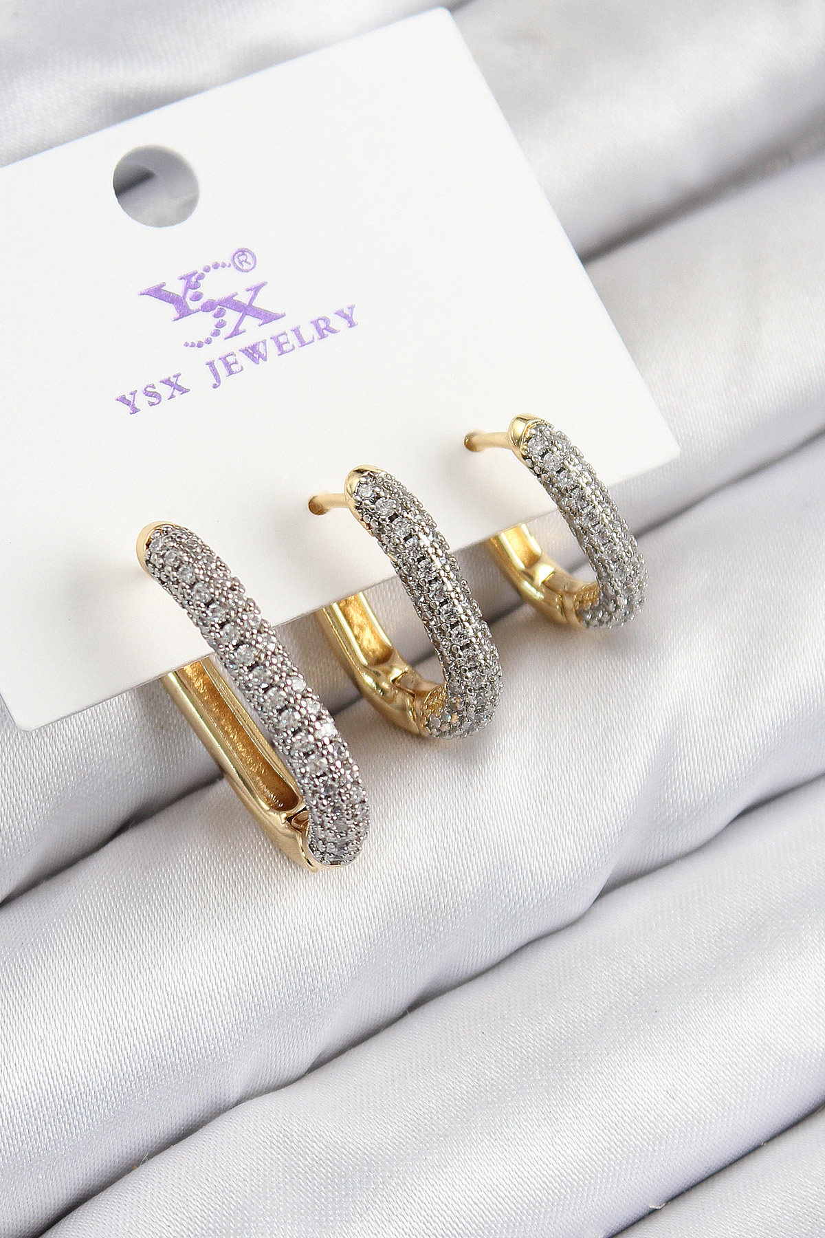 Pirinç Zirkon Taşlı 3'lü Oval Dikdörtgen Model Gold Ve Gümüş Renk Kadın Küpe - Lisinya