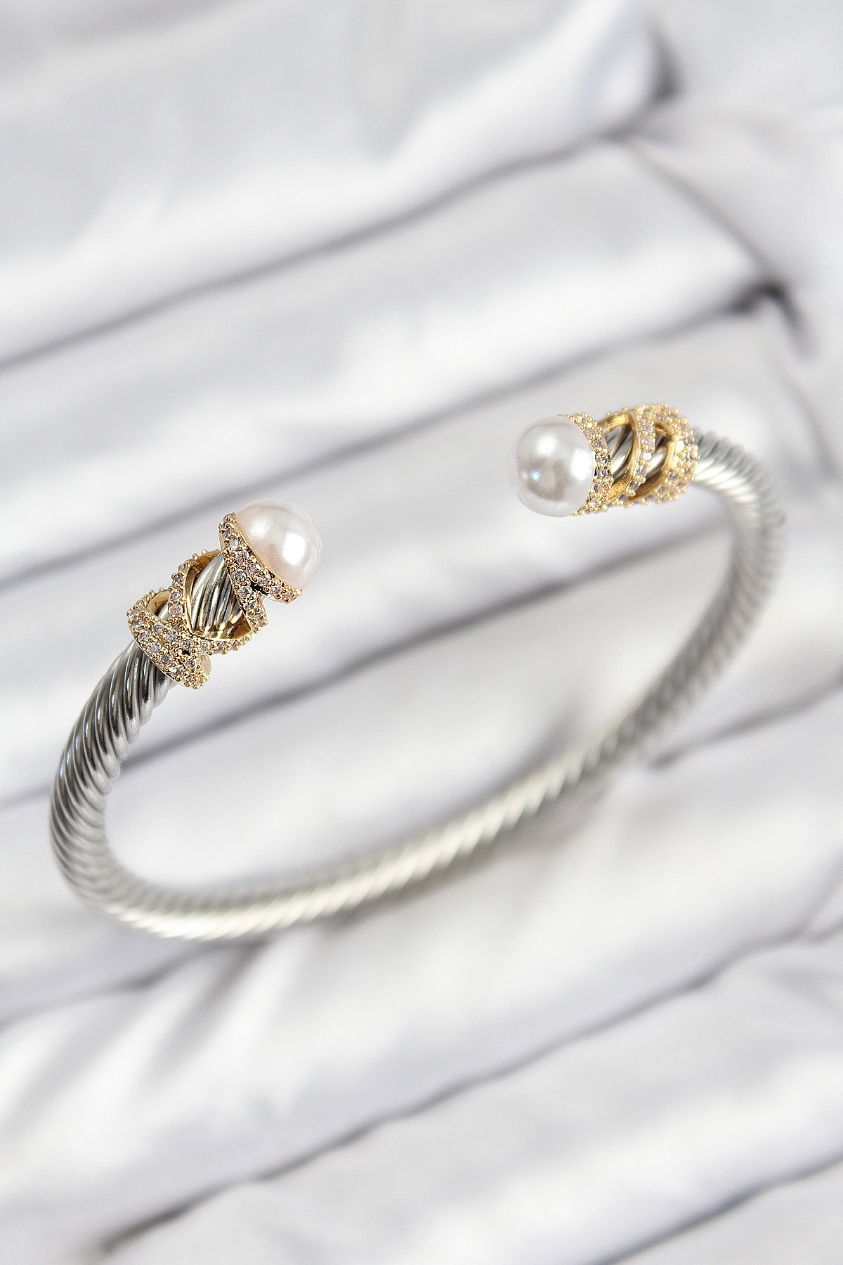 316L Çelik Zirkon Taşlı İnci Model Gold Ve Gümüş Renk Kadın Bileklik - Lisinya