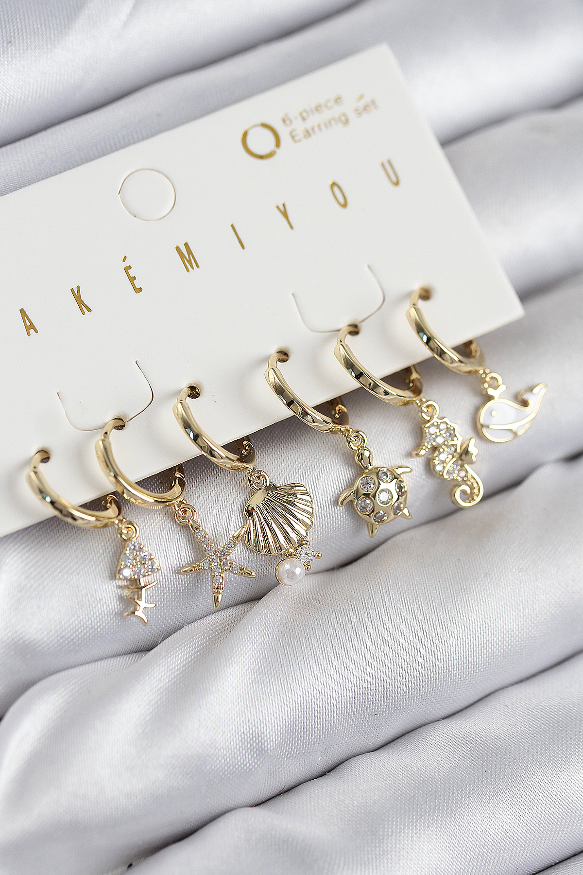Pirinç Zirkon Taşlı İstiridye Balina Ve Yıldız Gold Renk 6'lı Küpe Set - Lisinya