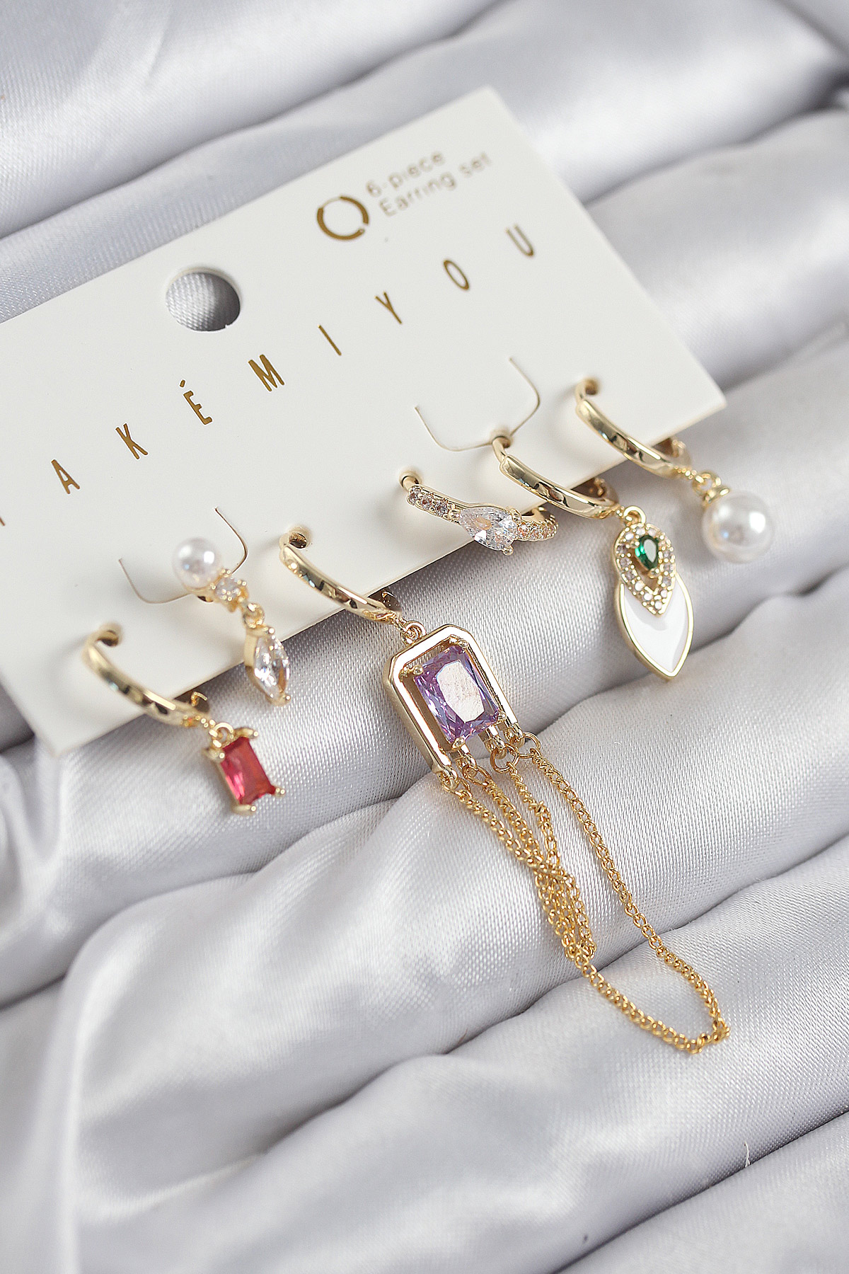 Pirinç Zirkon Taşlı Sallantılı Ve İncili Gold Renk 6'lı Küpe Set - Lisinya
