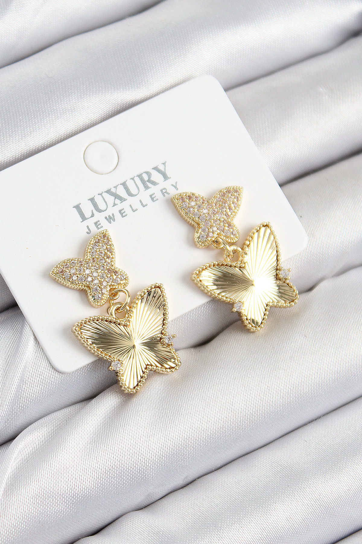Pirinç Zirkon Taşlı Kelebek Model Gold Renk Kadın Küpe - Lisinya