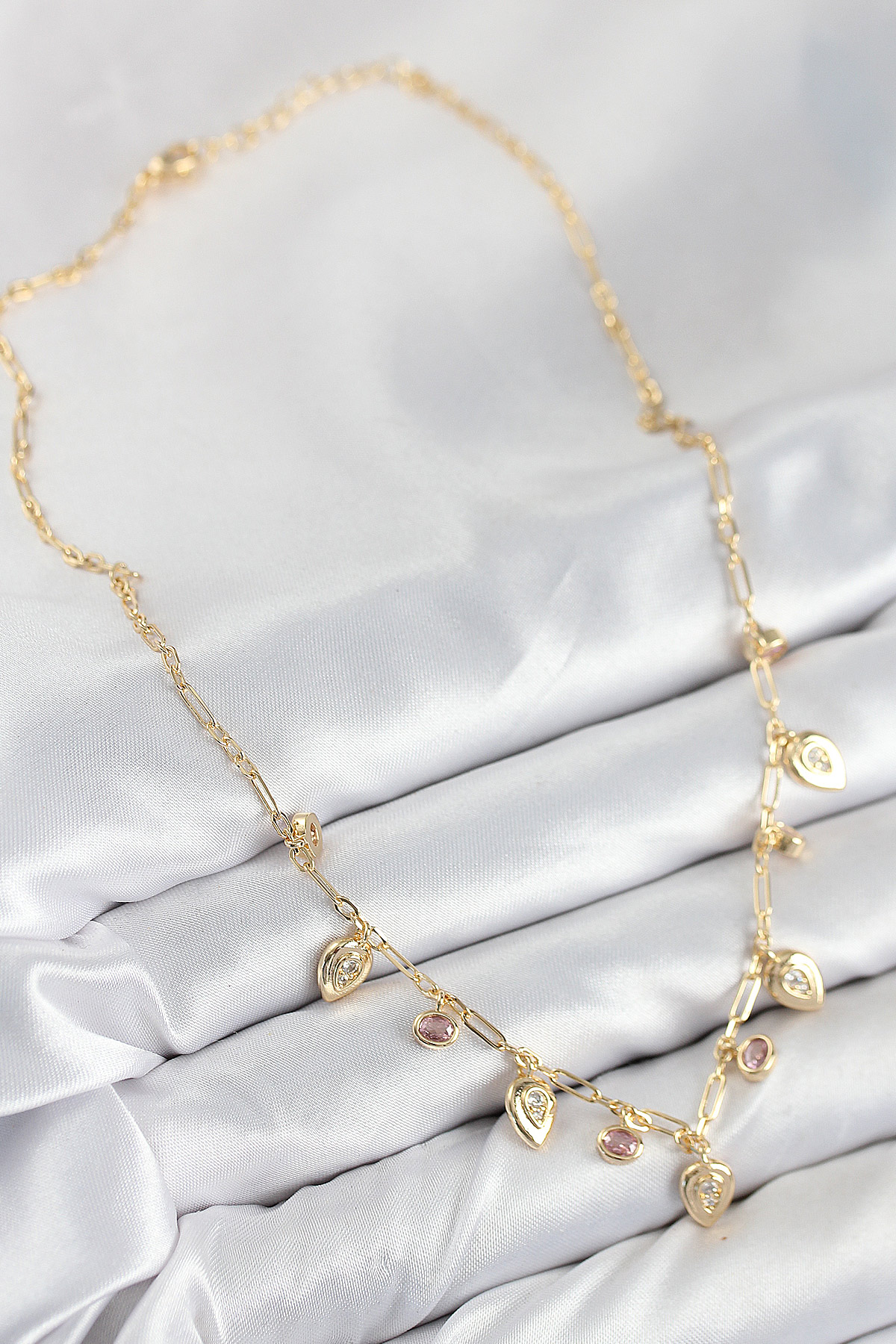 Pirinç Zirkon Taşlı Sallantılı Damla Model Gold Renk Kadın Kolye - Lisinya