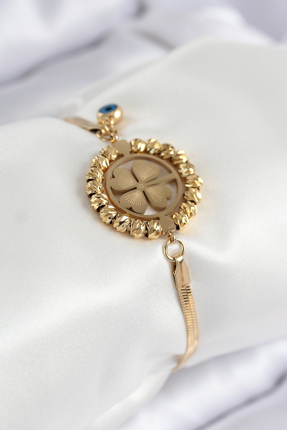 316L Çelik Nazar Boncuk Detaylı Yonca Model İtalyan Zincir Gold Renk Kadın Bileklik - Lisinya