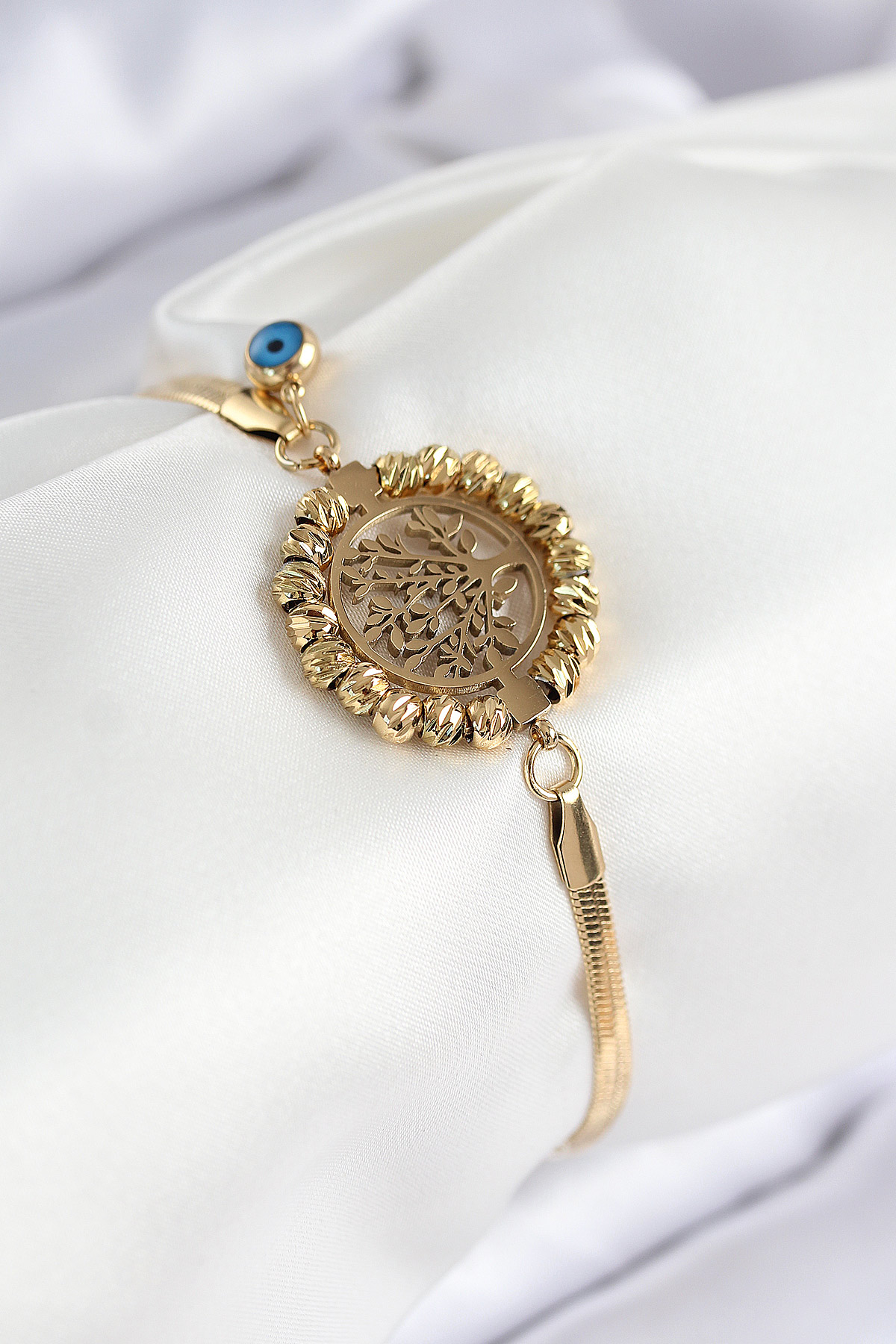 316L Çelik Nazar Boncuk Detaylı Hayat Ağacı Model İtalyan Zincir Gold Renk Kadın Bileklik - Lisinya