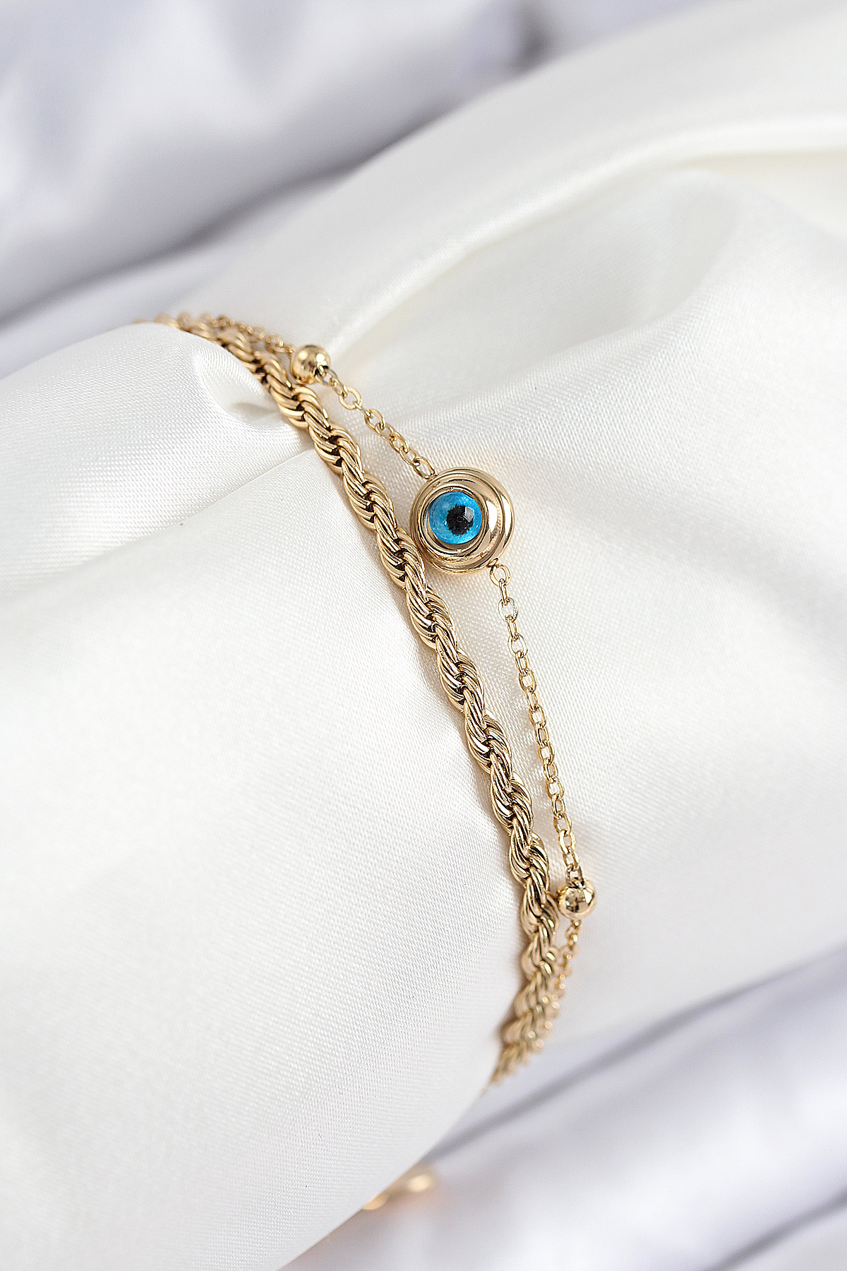 316L Çelik Nazar Boncuk Model Burgu Zincir Gold Renk Kadın Bileklik - Lisinya