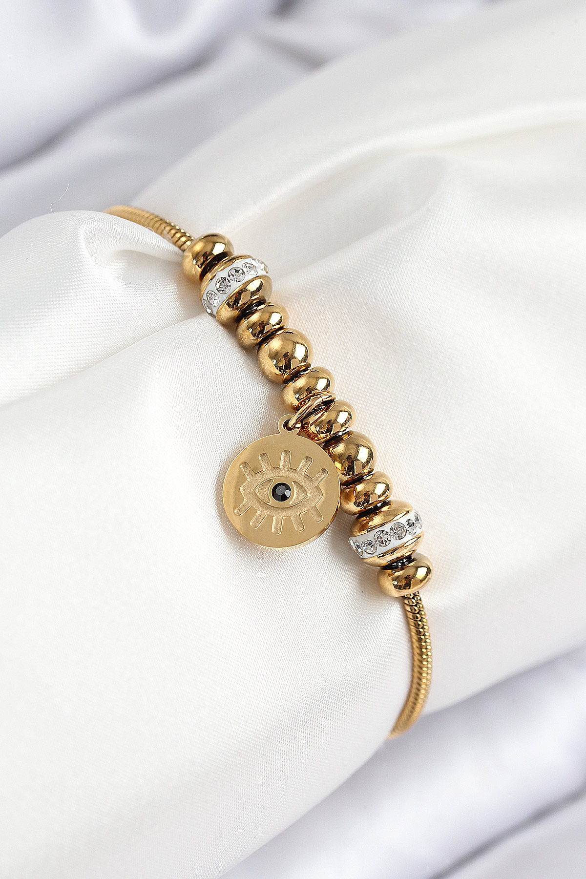 316L Çelik Zirkon Taşlı Göz Charm Model Gold Renk Kadın Bileklik - Lisinya