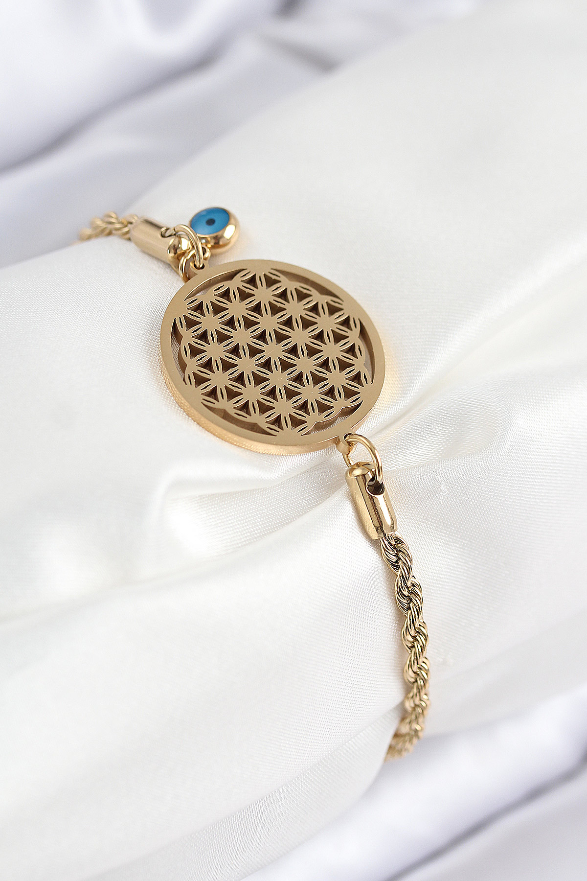 316L Çelik Nazar Boncuğu Detaylı Yaşam Çiçeği Model Gold Renk Kadın Bileklik - Lisinya