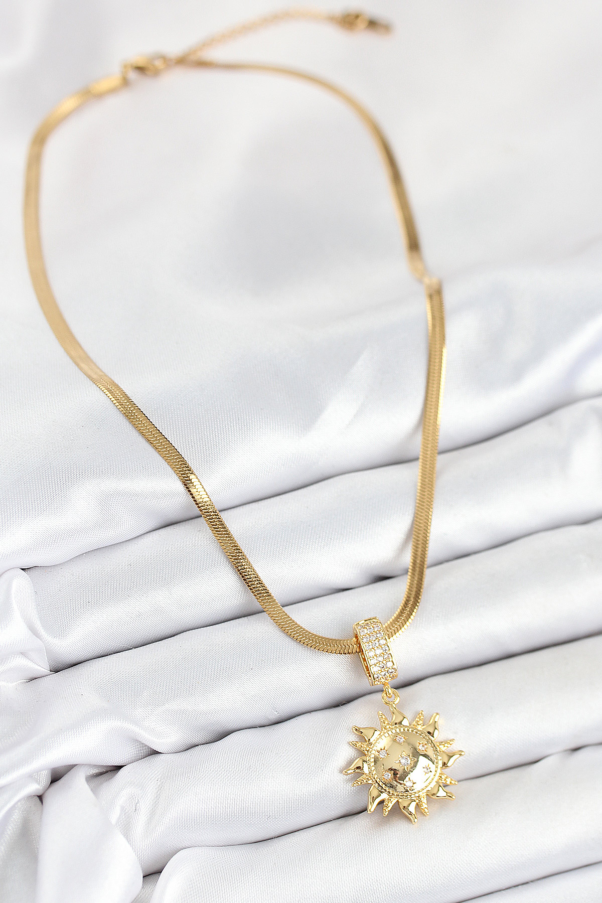 316L Çelik Zirkon Taşlı Güneş Model Gold Renk Kadın Kolye - Lisinya