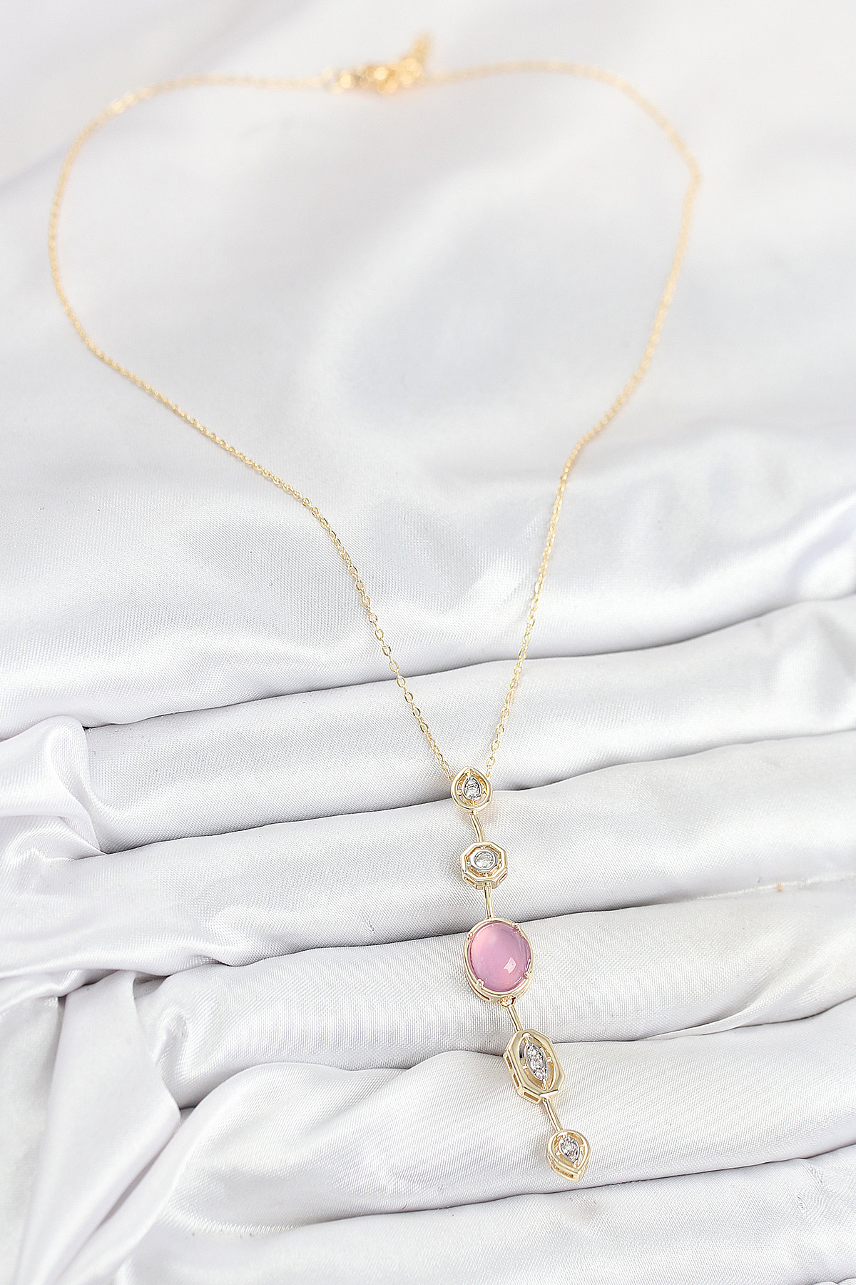 Pirinç Zincir Pembe Gold Renk Zirkon Taşlı Y Kolye - Lisinya
