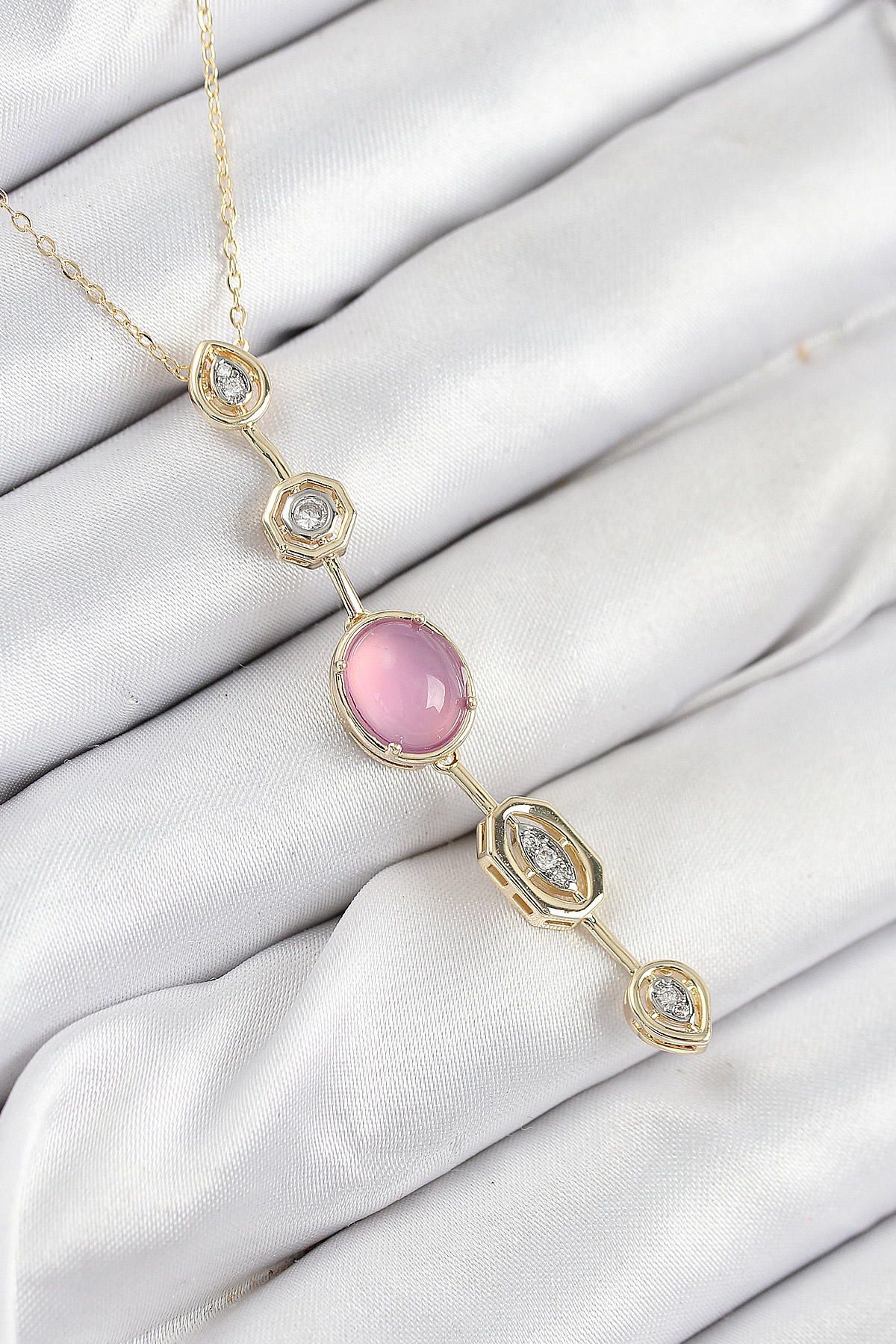 Pirinç Zincir Pembe Gold Renk Zirkon Taşlı Y Kolye - Lisinya